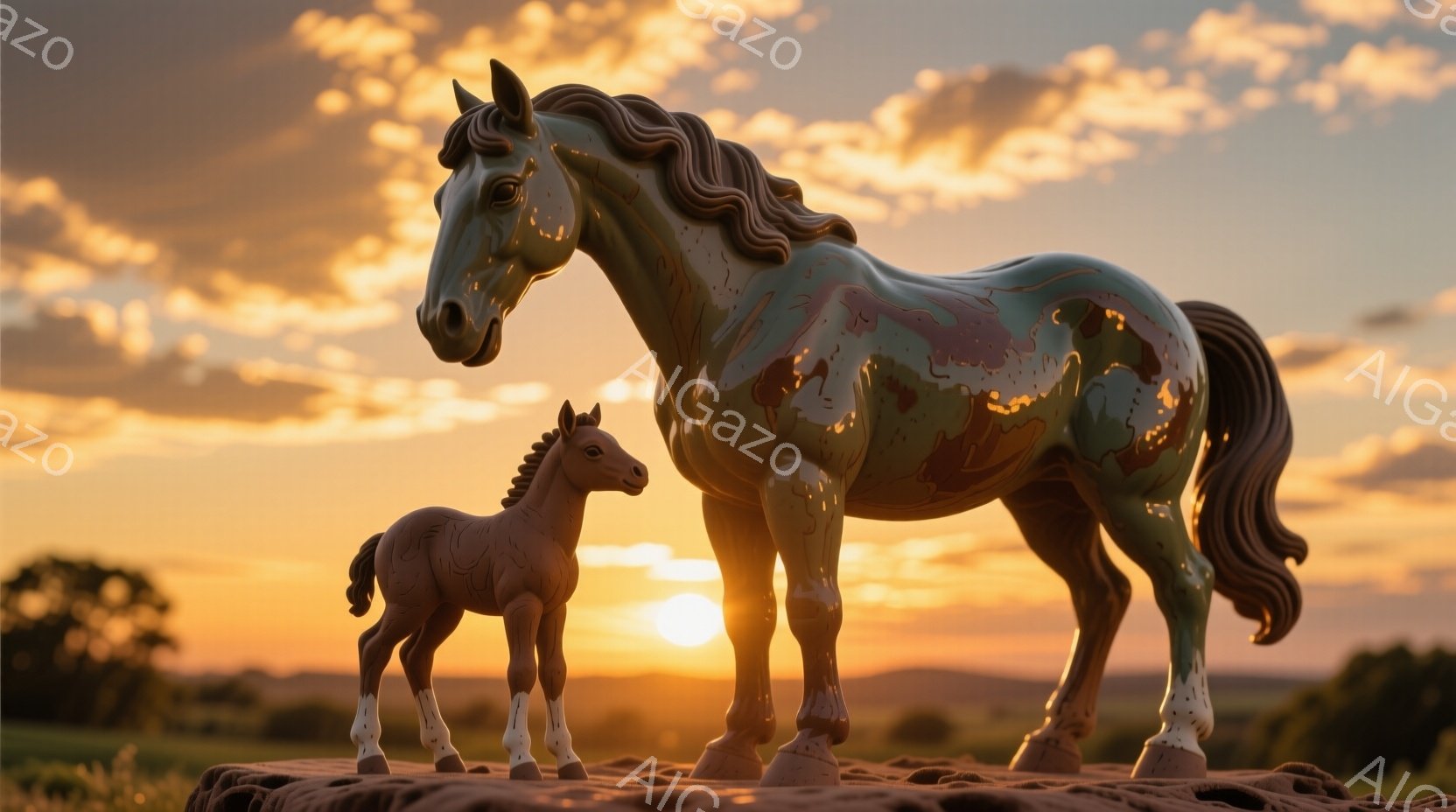夕焼けを背景に、母馬と子馬が寄り添って立っている。母馬は緑と茶色の美しい模様が描かれており、子馬は茶色い毛並みで、どちらも穏やかな表情をしている。背景には、草原と夕焼け空が広がり、暖かく穏やかな雰囲気 - AI生成フリー素材