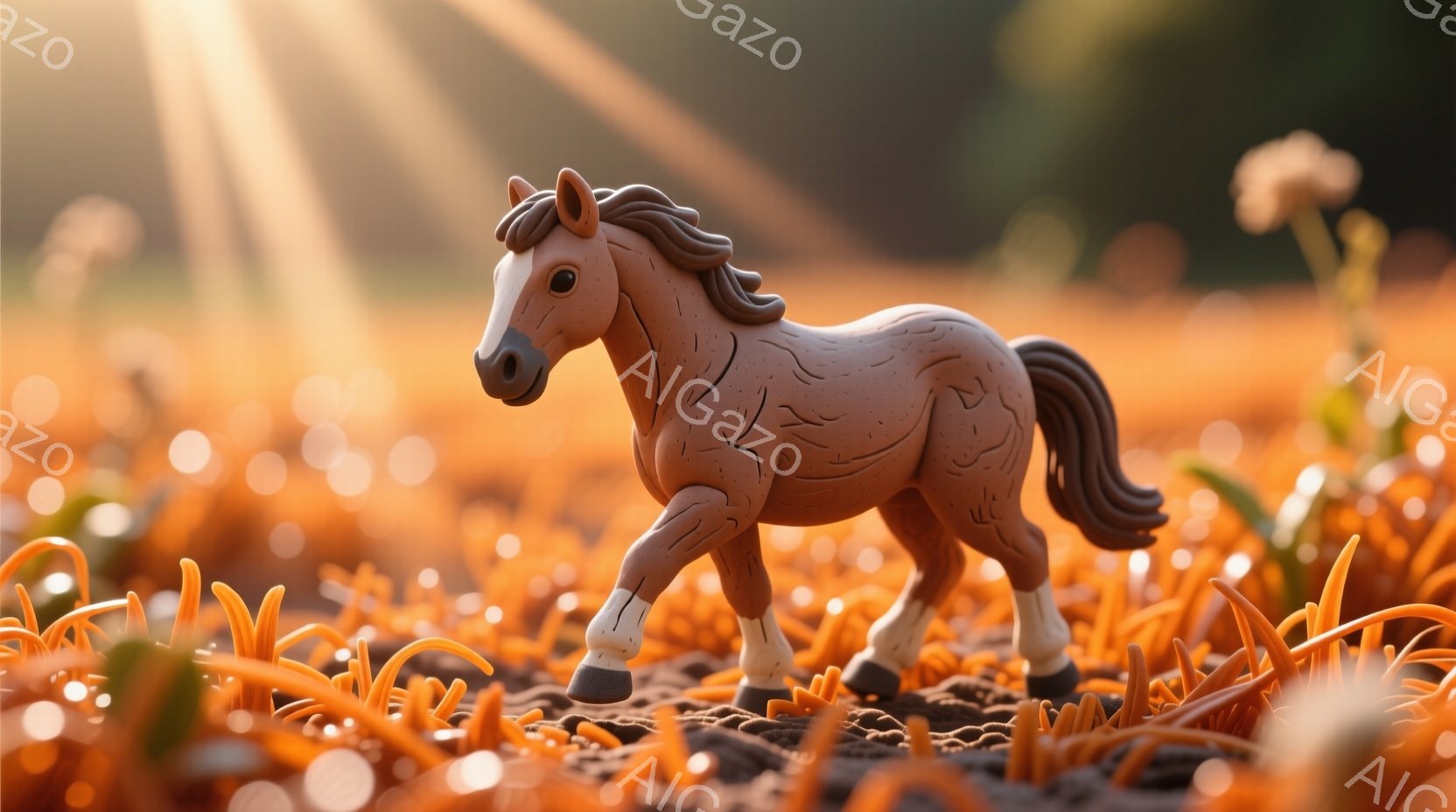 茶色い馬が、オレンジ色の植物が茂る地面の上を歩いている様子が描かれています。馬は左足を高く上げ、歩く動作をとっており、毛並みは滑らかで、日差しに照らされて温かい雰囲気です。背景はぼやけており、夕焼けのようなオレンジ色の光が差し込み、全体的に幻想的で穏やかな印象を与えます。