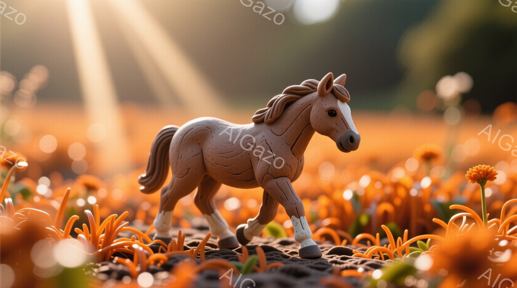 粘土のような質感の茶色の馬が、オレンジ色の花々が咲き乱れる野原を歩いている。背景はぼやけたオレンジ色で、強い光線が差し込み、暖かく幻想的な雰囲気を醸し出している。馬の姿勢はリラックスしており、穏やかな - AI生成フリー素材