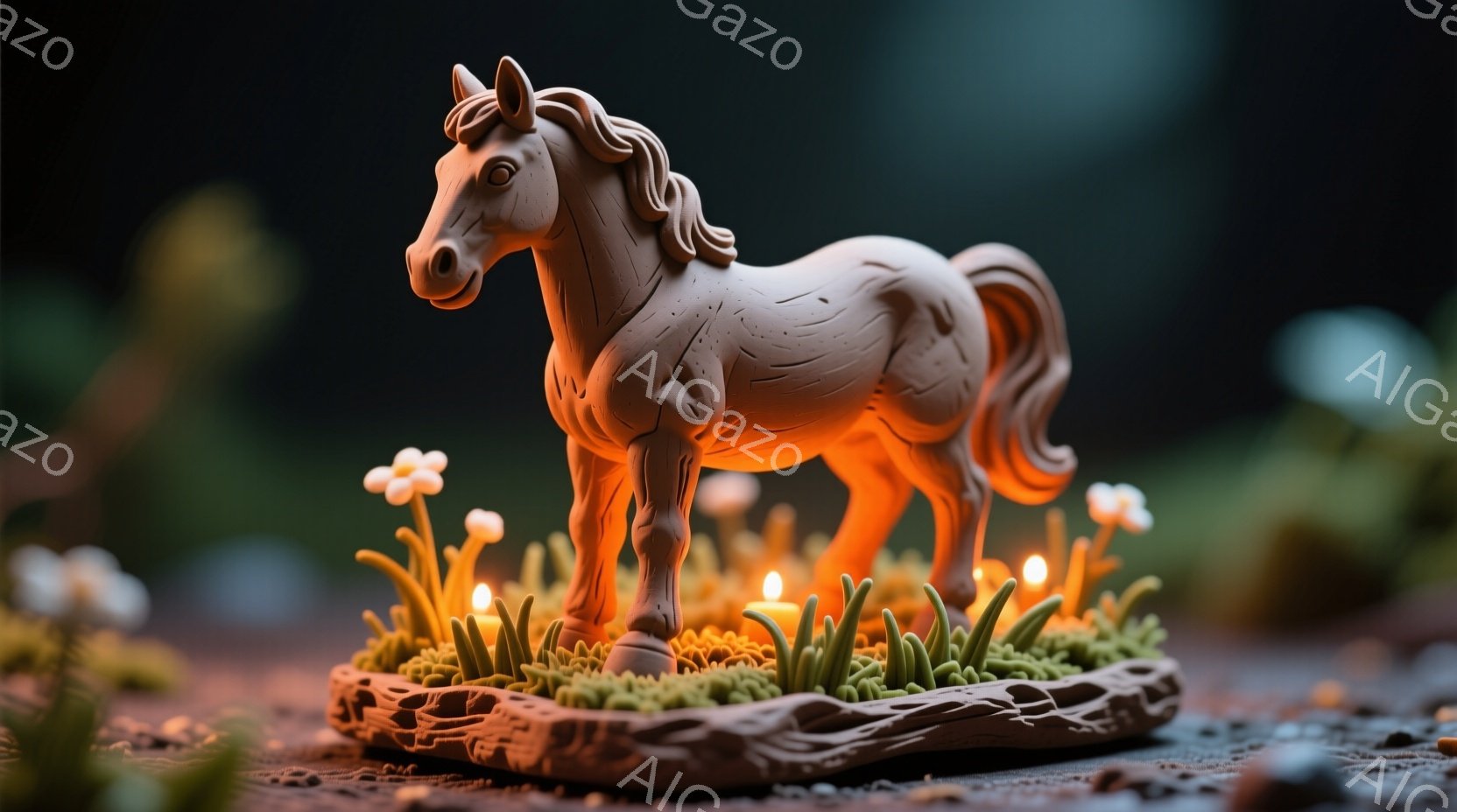 陶器のような茶色の馬が、緑の草と白い花が咲き乱れる丸い台座の上に立っている。背景は暗く、ぼやけており、馬と台座が暖かくオレンジ色に照らされている。 全体的に、幻想的で神秘的な雰囲気を醸し出している。 - AI生成フリー素材