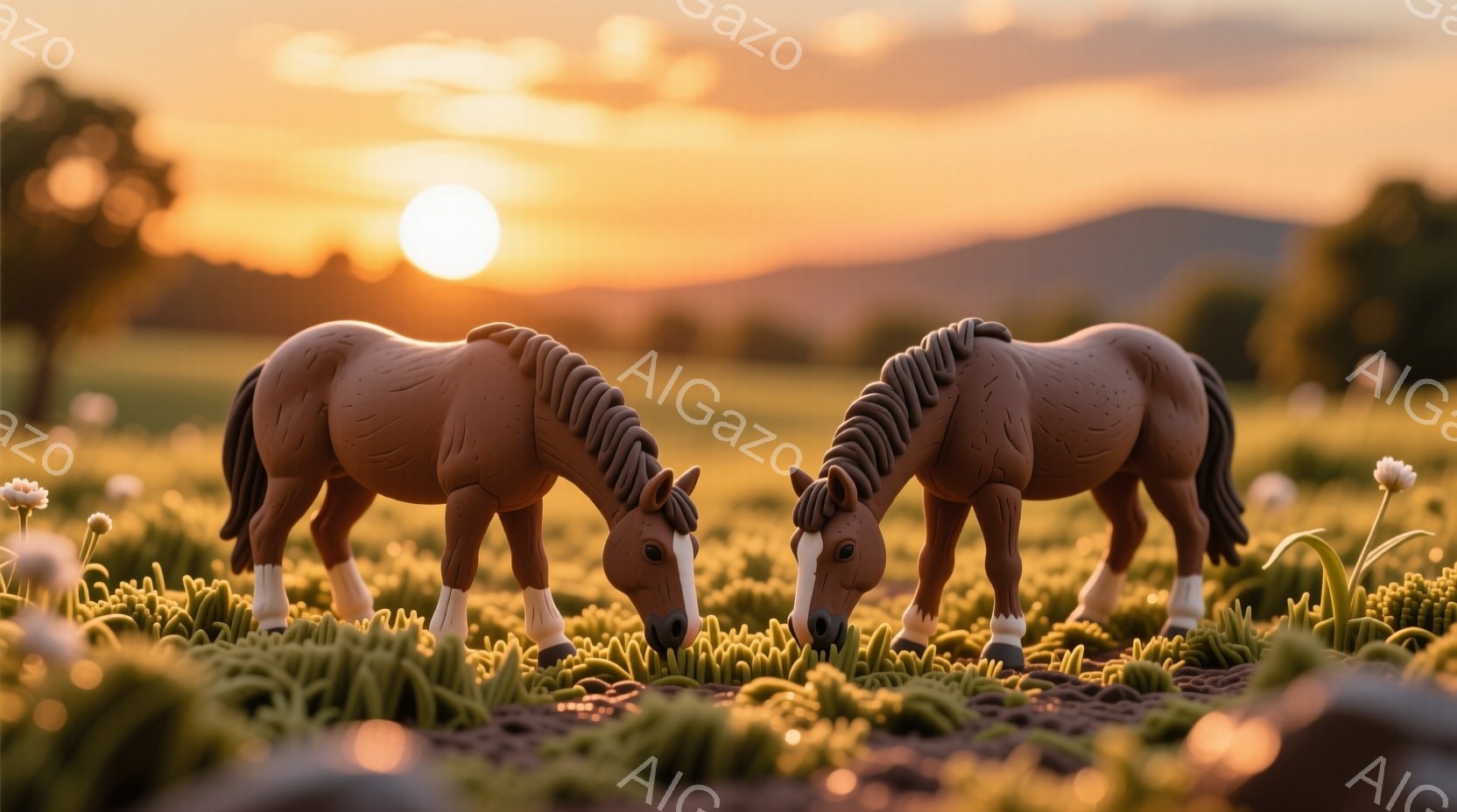 2頭の茶色の馬が緑豊かな草地で寄り添いながら草を食べている。背景には、夕焼けに照らされた穏やかな丘陵地帯と、遠くに見える木々が広がっている。全体的に、暖かく平和な、牧歌的な雰囲気を醸し出している。