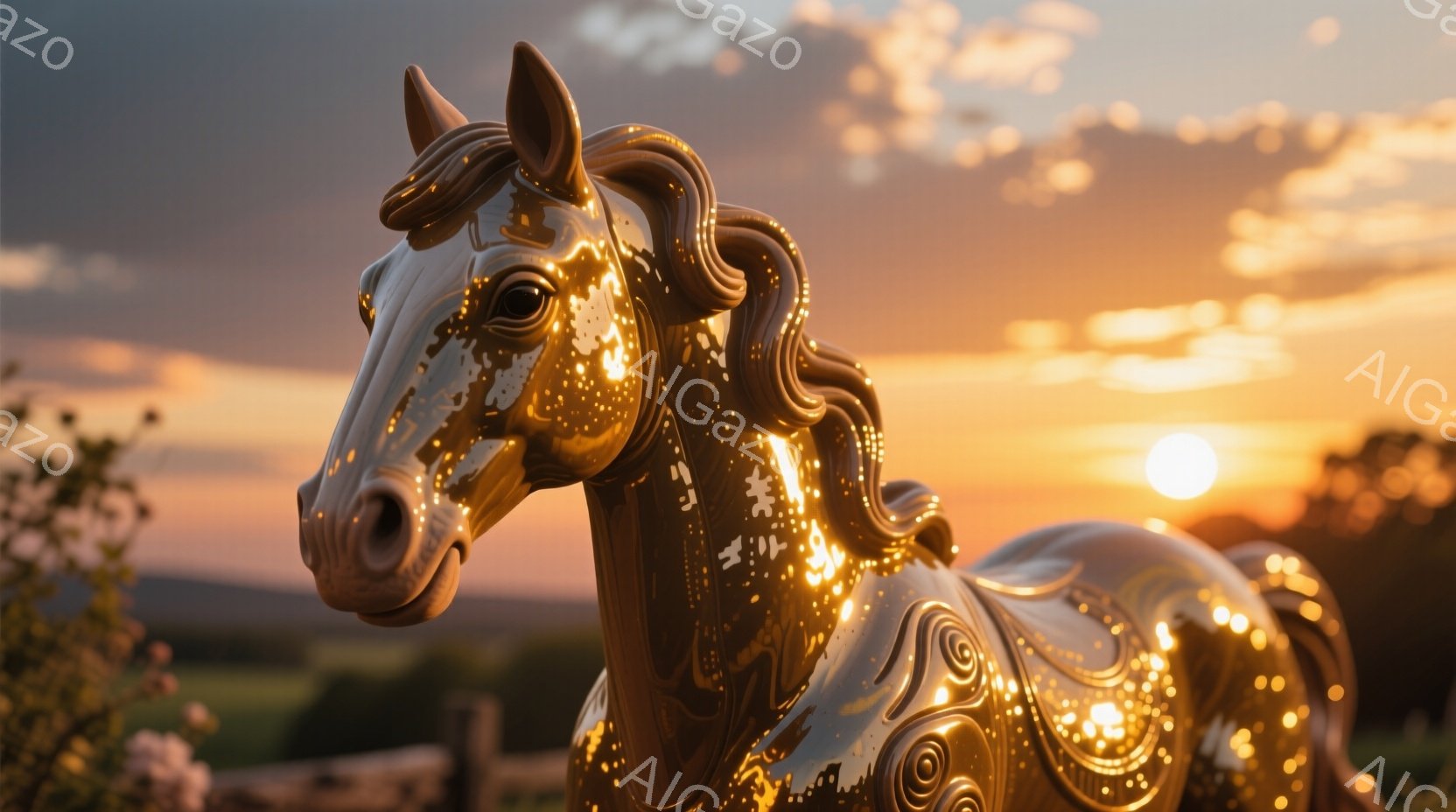 金色の彫刻のような馬が、緑の丘と夕焼けを背景に立っている。馬の体には複雑な模様が施され、太陽の光を反射して輝いている。背景の夕焼けはオレンジ色と赤色のグラデーションで、穏やかで幻想的な雰囲気を醸し出し - AI生成フリー素材