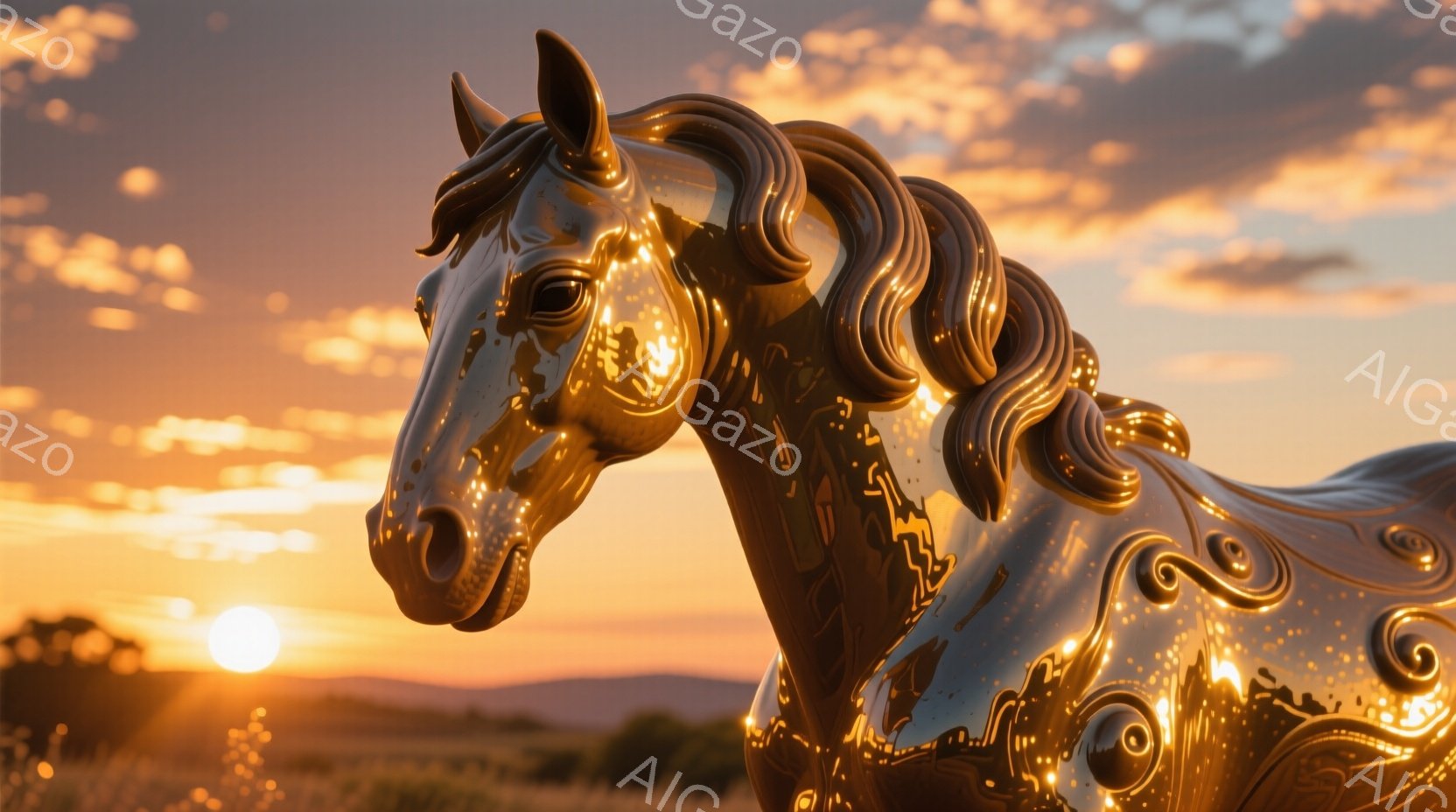 黄金色に輝く彫刻のような馬が、夕焼けの空を背景に草原に佇んでいます。馬の体には複雑な模様が施されており、まるで液体金属でできた芸術作品のようです。背景には、オレンジとピンクの色合いが混ざり合い、穏やかで幻想的な雰囲気を醸し出しています。