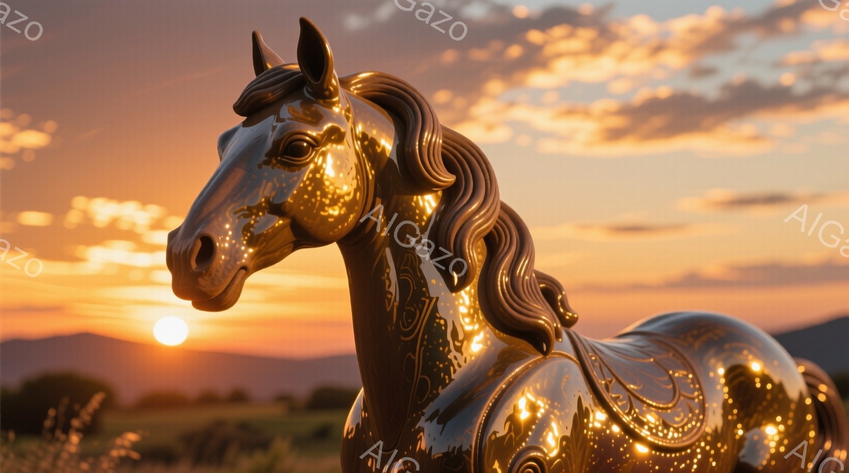 黄金色に輝く彫刻のような馬が、緑の草原を背景に夕焼けの中で静止している。馬の体には精巧な模様が彫刻されており、夕日に照らされて光り輝いている。遠くには山々が連なり、空はオレンジと紫色のグラデーションで - AI生成フリー素材