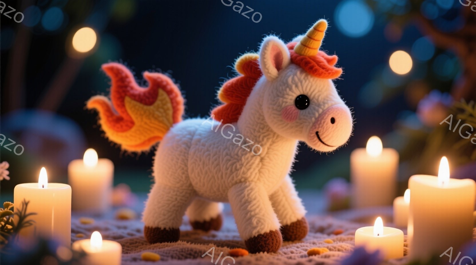 白い編みぐるみユニコーンが、オレンジと黄色のグラデーションのたてがみと尾で、穏やかな表情で立っています。背景には、ぼんやりとした緑の葉と、様々な明るさで光る多数のキャンドルが散りばめられており、幻想的 - AI生成フリー素材