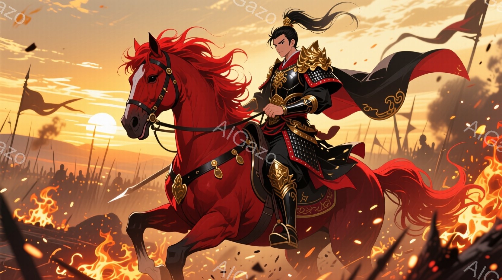 鮮やかな夕焼けを背景に、甲冑を身に着けた男性が赤い馬に乗って疾走している。彼は黒髪を後ろで束ね、自信に満ちた表情で前を見据えている。背景には兵士たちが密集し、燃え盛る炎が戦場の雰囲気を高めている。