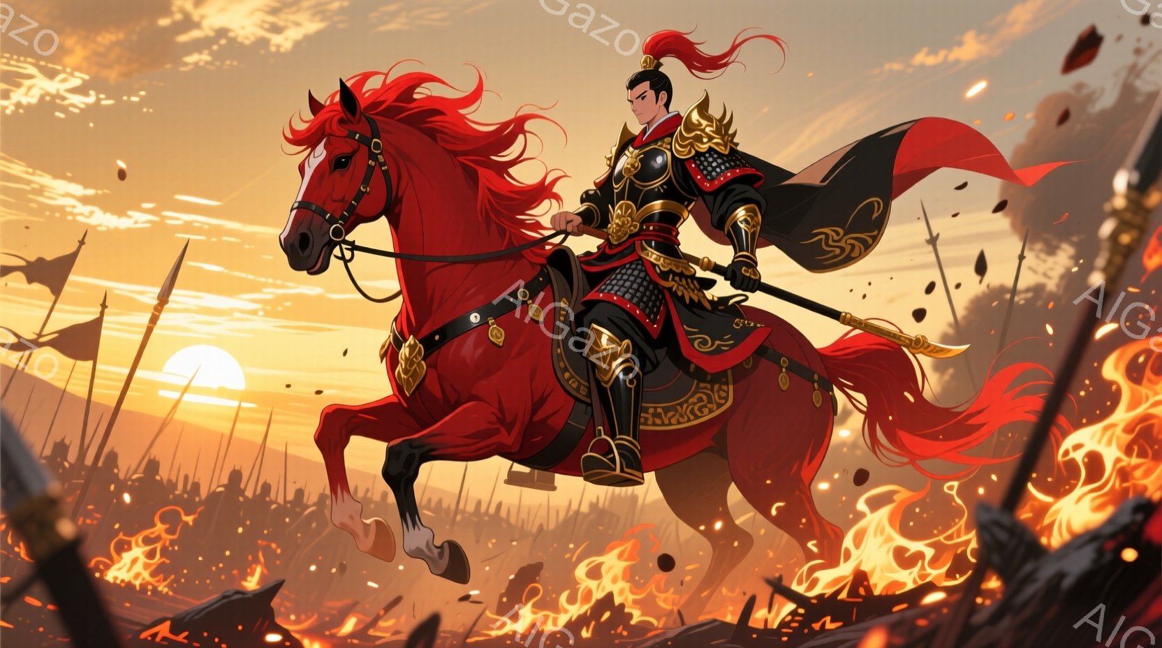 鮮やかな夕焼けを背景に、赤褐色の馬に跨った武将が描かれている。武将は金色の装飾が施された黒い鎧を身に着け、黒髪を後ろで束ねている。戦場は炎に包まれ、多くの兵士たちが密集しており、武将は勝利に向かって突き進むような力強い姿勢で描かれている。