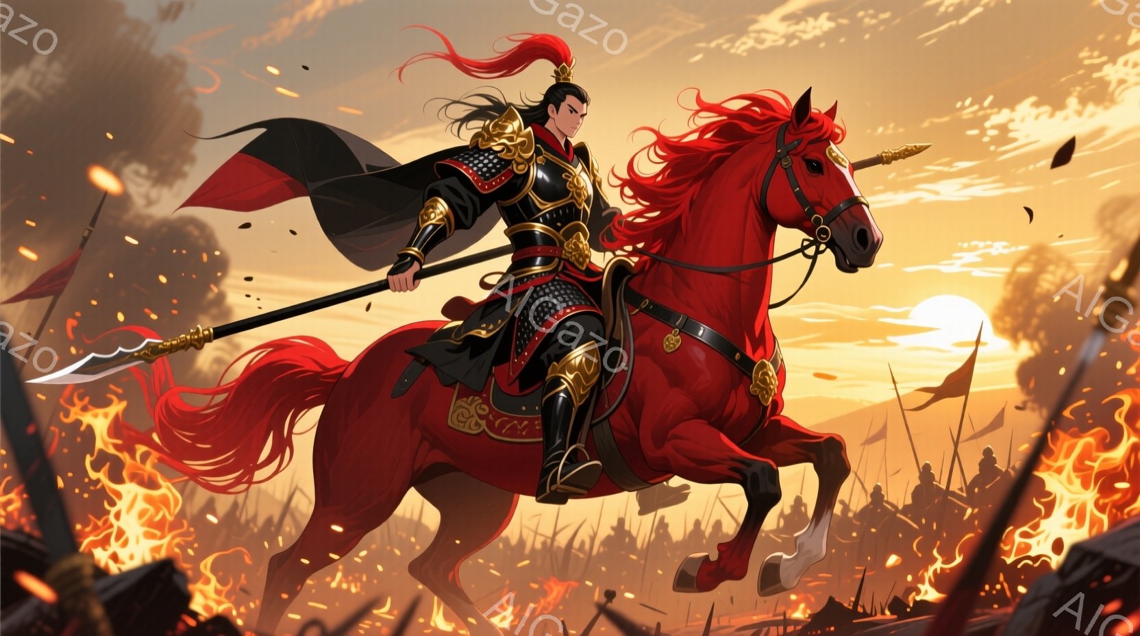 赤い軍服と黒い装飾が施された鎧を身に着けた武将が、白と赤の毛並みの馬に跨り、先鋒として戦場を駆ける姿が描かれている。黒髪を長く伸ばし、顔立ちは毅然としており、戦いへの決意が感じられる。背景は燃え盛る炎と、多数の兵士たちで埋め尽くされ、夕焼け空の下、激しい戦いの最中であることがわかる。