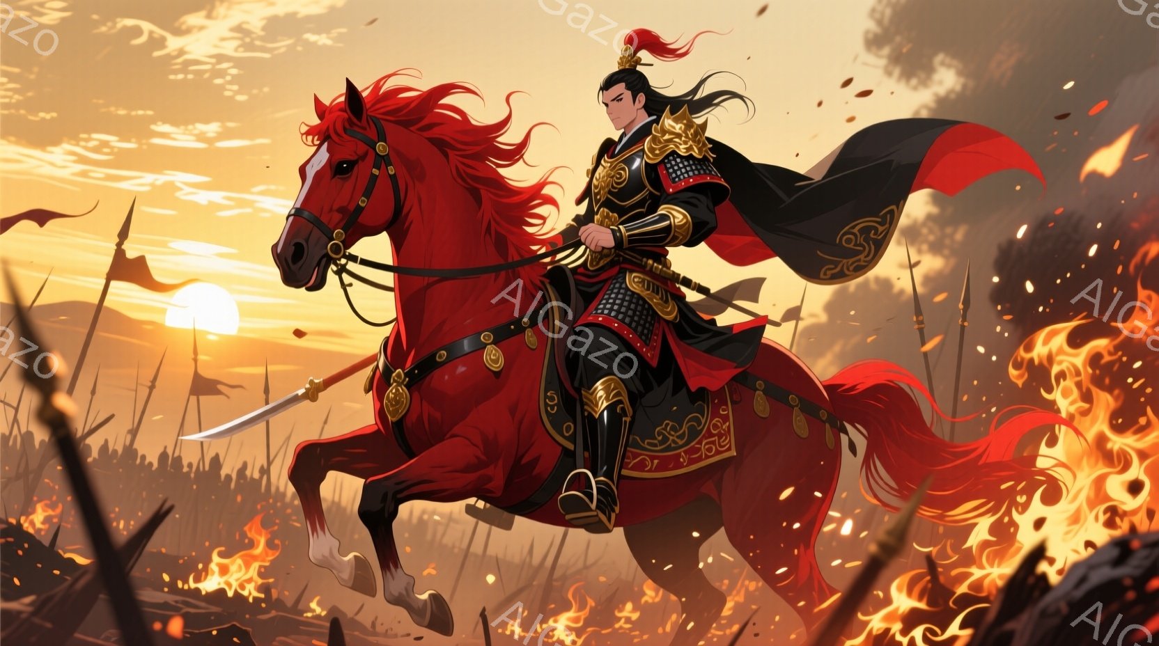 鮮やかな夕焼けを背景に、武将が赤毛の馬にまたがって疾走している。黒と金色の鎧を身につけ、長い髪を靡かせ、凛々しい表情で剣を構えている。背景には炎が立ち上り、遠くには兵士たちの軍勢が見え、戦場の激しさと - AI生成フリー素材