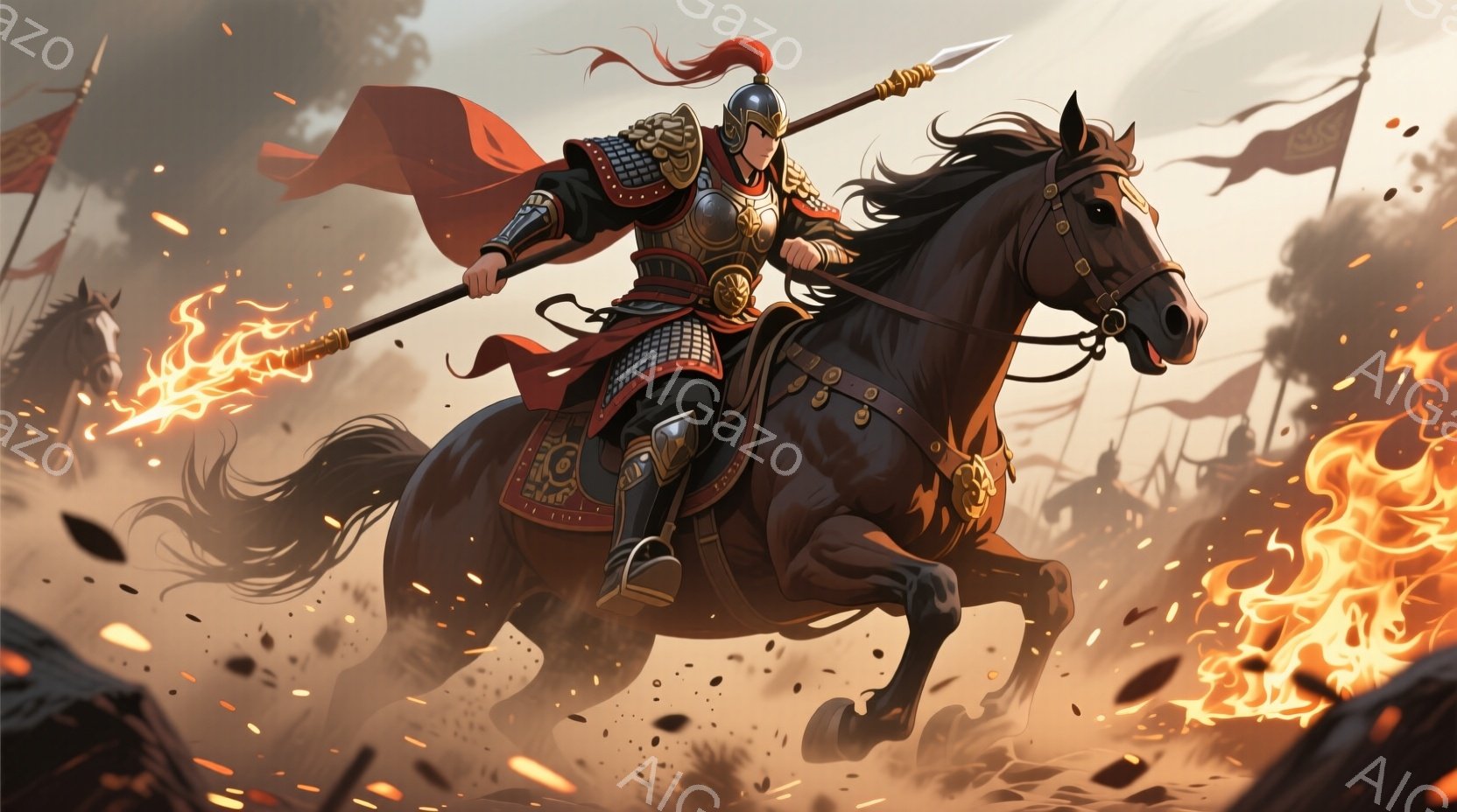 鎧を身につけ、赤色のマントを羽織った武将が、黒い馬に跨って疾走している。彼の表情は決意に満ちており、手に持つ槍からは炎が燃え盛っている。背景には激しい戦いの様子が描かれ、炎と煙が立ち込め、全体的に勇壮で力強い雰囲気を醸し出している。