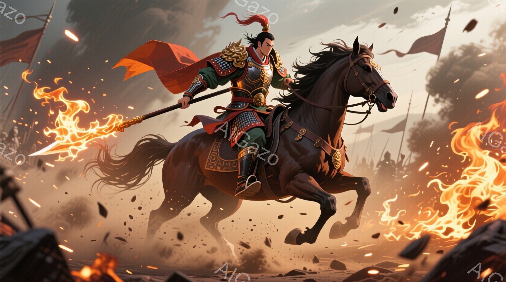勇ましい武将が黒い馬に乗り、戦場を疾走している。緑と赤の鎧を身につけ、頭には赤い飾りをつけた兜を被り、力強い表情で先陣を切っている。背景には炎が立ち上り、兵士たちの姿が見え、激しい戦の雰囲気を醸し出し - AI生成フリー素材