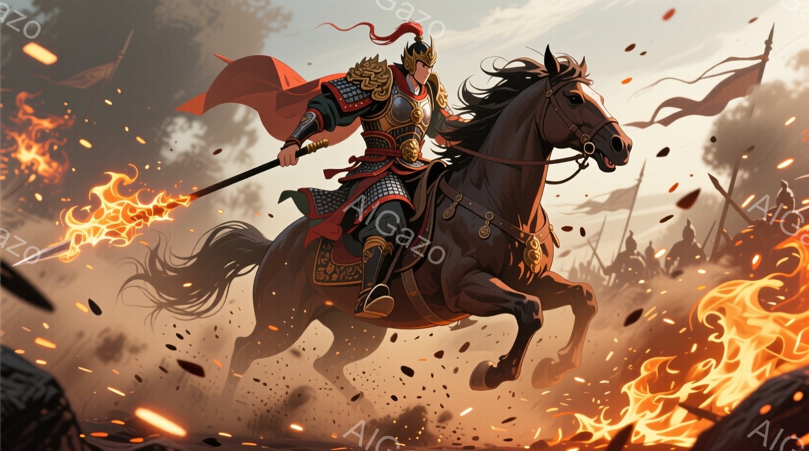 逞しい男性が黒い馬に乗り、燃え盛る戦場を駆け抜けている。鮮やかな赤いマントと精巧な鎧を身につけ、手に持つ槍は炎を纏っている。背景には激しい戦闘の様子が描かれ、煙と炎が立ち込める中、勇ましい雰囲気が漂っている。