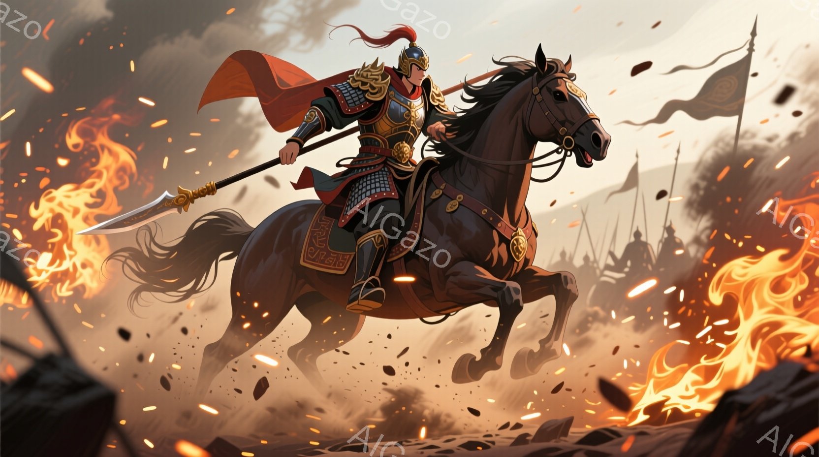 鎧を身につけた武将が黒い馬に乗り、戦場を疾走している。赤色のマントを背に、金色の装飾が施された甲冑をまとい、鋭い眼光で前を見据えている。背景には炎が燃え盛っており、遠くには旗や兵士の姿が見え、激しい戦 - AI生成フリー素材