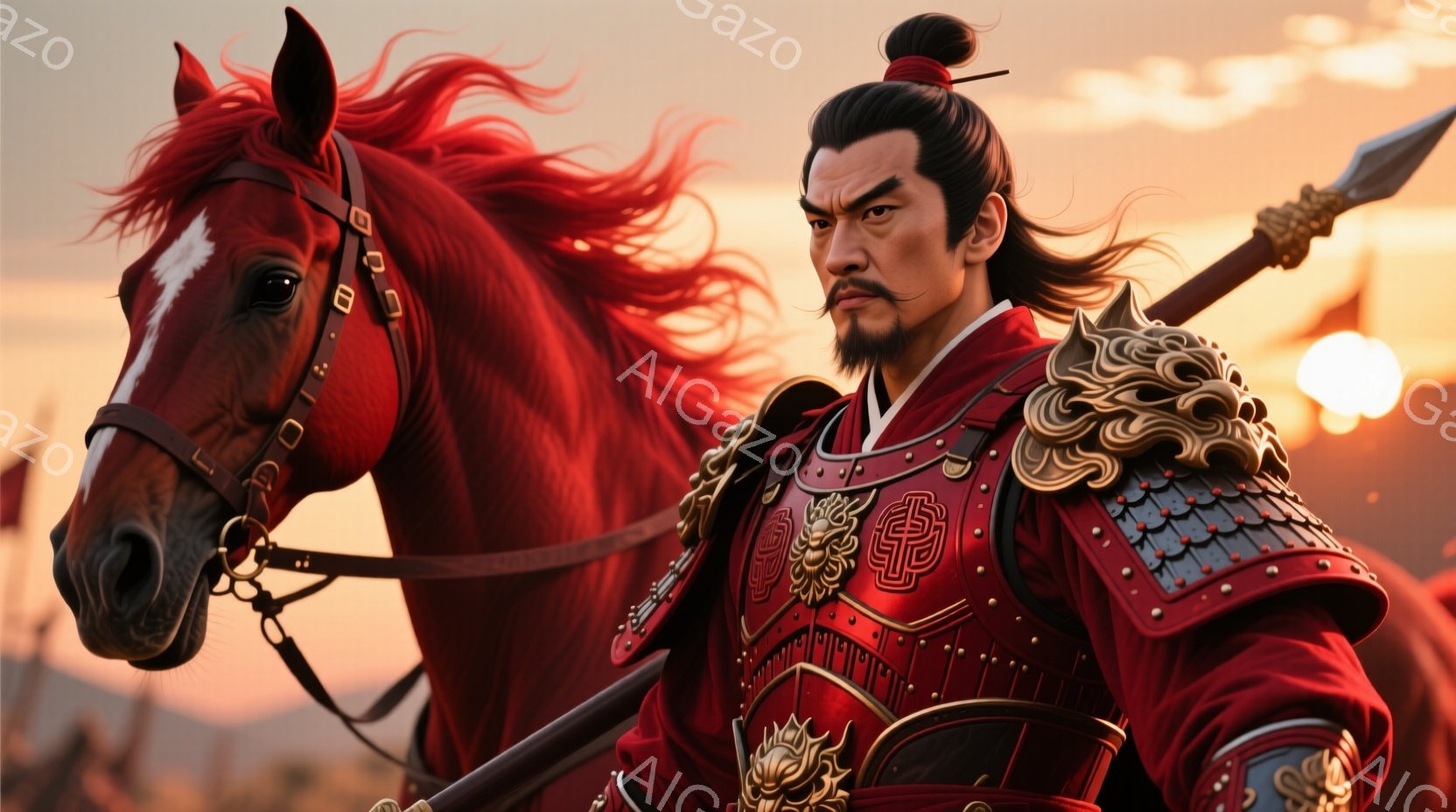 鮮やかな赤色の鎧を身に着けた武将が、栗色の馬に跨っている。顔には力強い表情が浮かび、長い髪は後ろで束ねられている。背景には夕焼け空と、ぼんやりとした建物が見え、全体的に勇ましい雰囲気である。