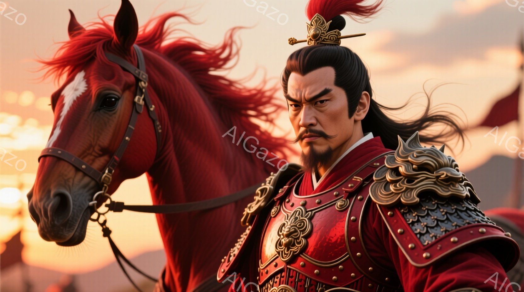 鮮やかな赤い軍服を身につけた男性が、茶色の馬にまたがっています。彼は黒い長い髪を後ろで束ね、顔には毅然とした表情を浮かべています。背景は夕焼けに染まり、遠くにはぼんやりと建造物が見え、全体的に勇壮で英 - AI生成フリー素材