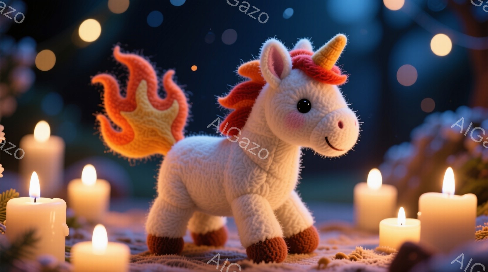 白い毛糸で作られたユニコーンが、温かい光に照らされた背景に立っている。ユニコーンはオレンジと赤の毛糸で作られたたてがみと尻尾を持ち、可愛らしい表情で正面を見ている。背景には、点在するキャンドルと緑の植 - AI生成フリー素材