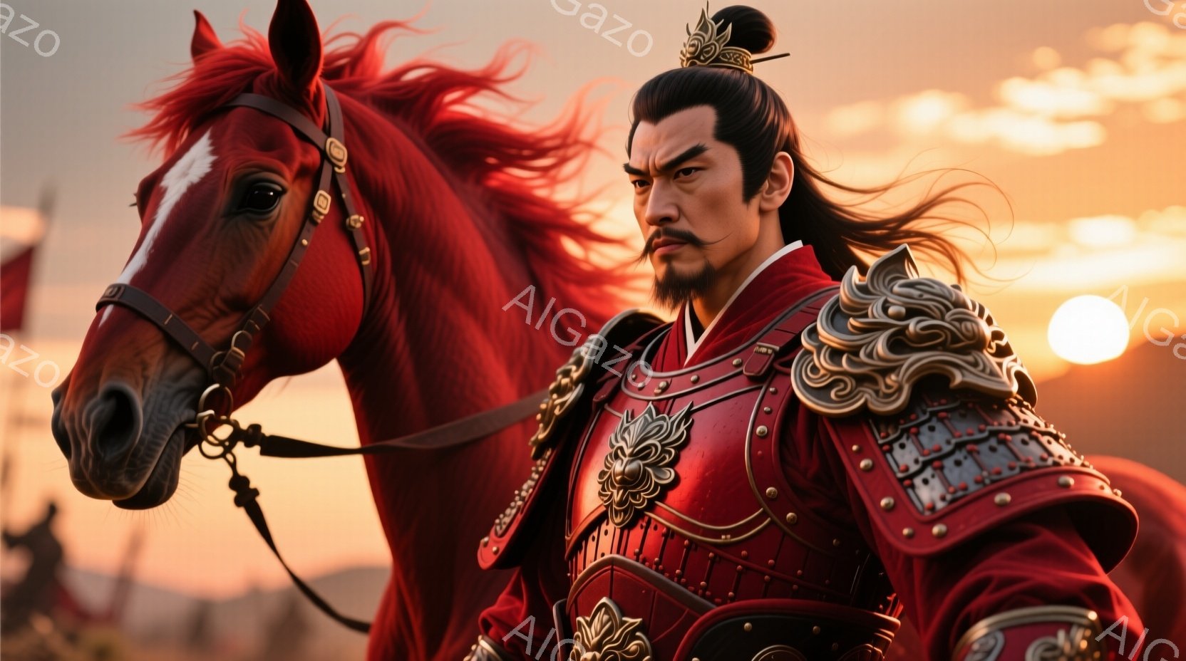 赤い衣装と鎧を身につけた男性が、赤毛の馬に騎乗している。彼は長い黒髪を後ろで結い、精悍な表情で遠くを見つめている。背景には夕焼けが広がり、金色の光が馬と男性を照らし、力強く威厳のある雰囲気を醸し出して - AI生成フリー素材