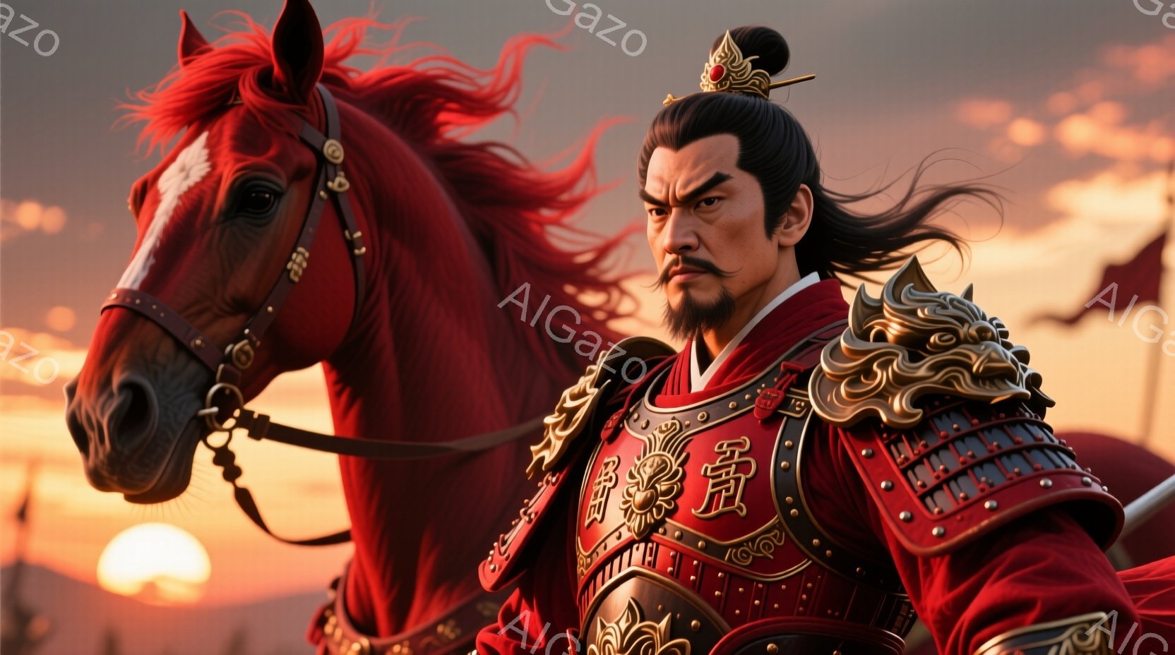 鮮やかな赤色の鎧を身につけた男性が、たてがみをなびかせる赤毛の馬に騎乗している。男性は黒髪を後ろで束ね、威厳のある表情で正面を見据え、力強い眼差しは決意に満ちている。背景には夕焼け空が広がり、遠くには - AI生成フリー素材