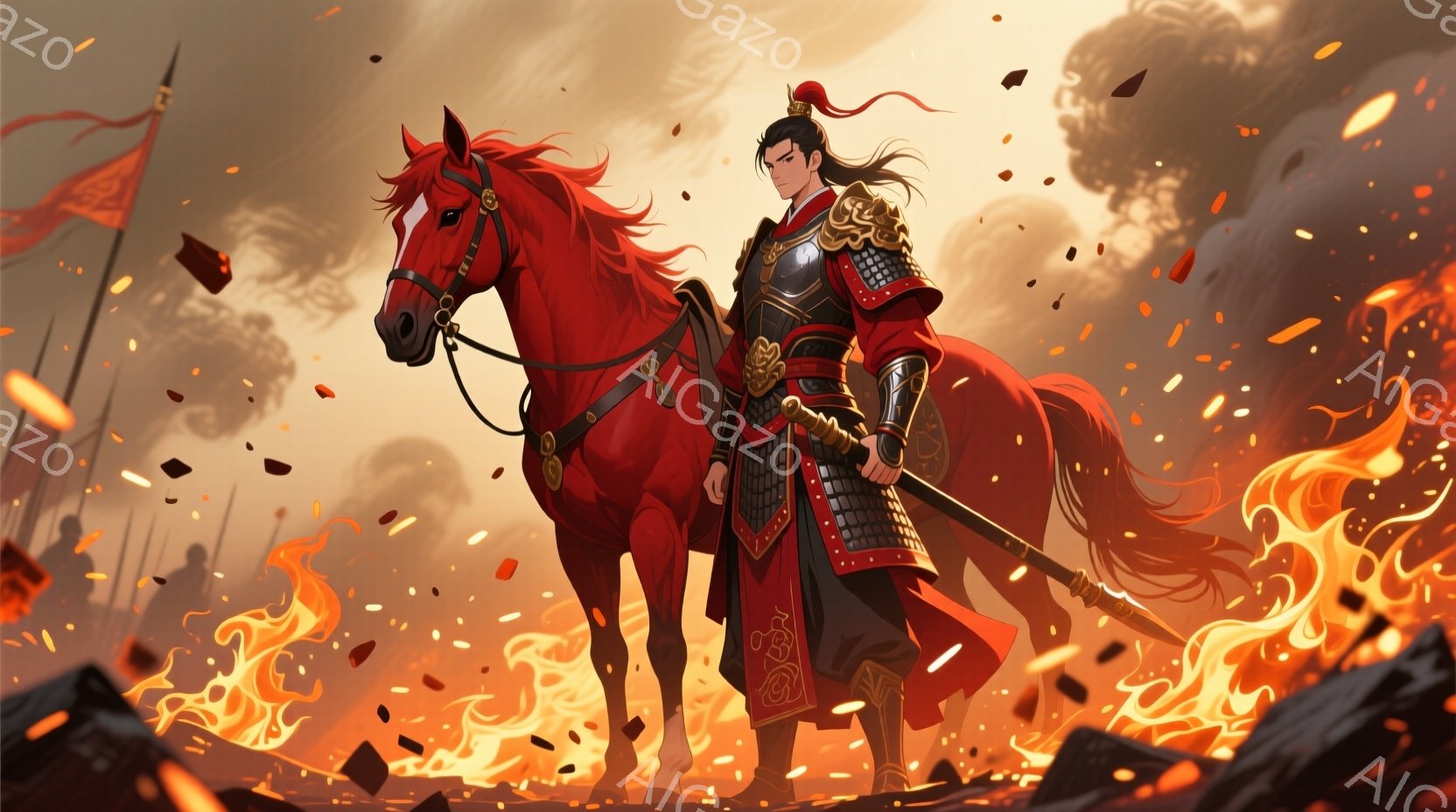 赤い軍服と鎧を身につけた男性が、赤い馬に乗って戦場を駆ける姿が描かれている。彼は黒髪を後ろで束ね、毅然とした表情で前を見据え、腰には剣を携えている。背景は燃え盛る炎と崩れかけた建物で、戦乱の激しい雰囲気と英雄的な雰囲気が漂う。