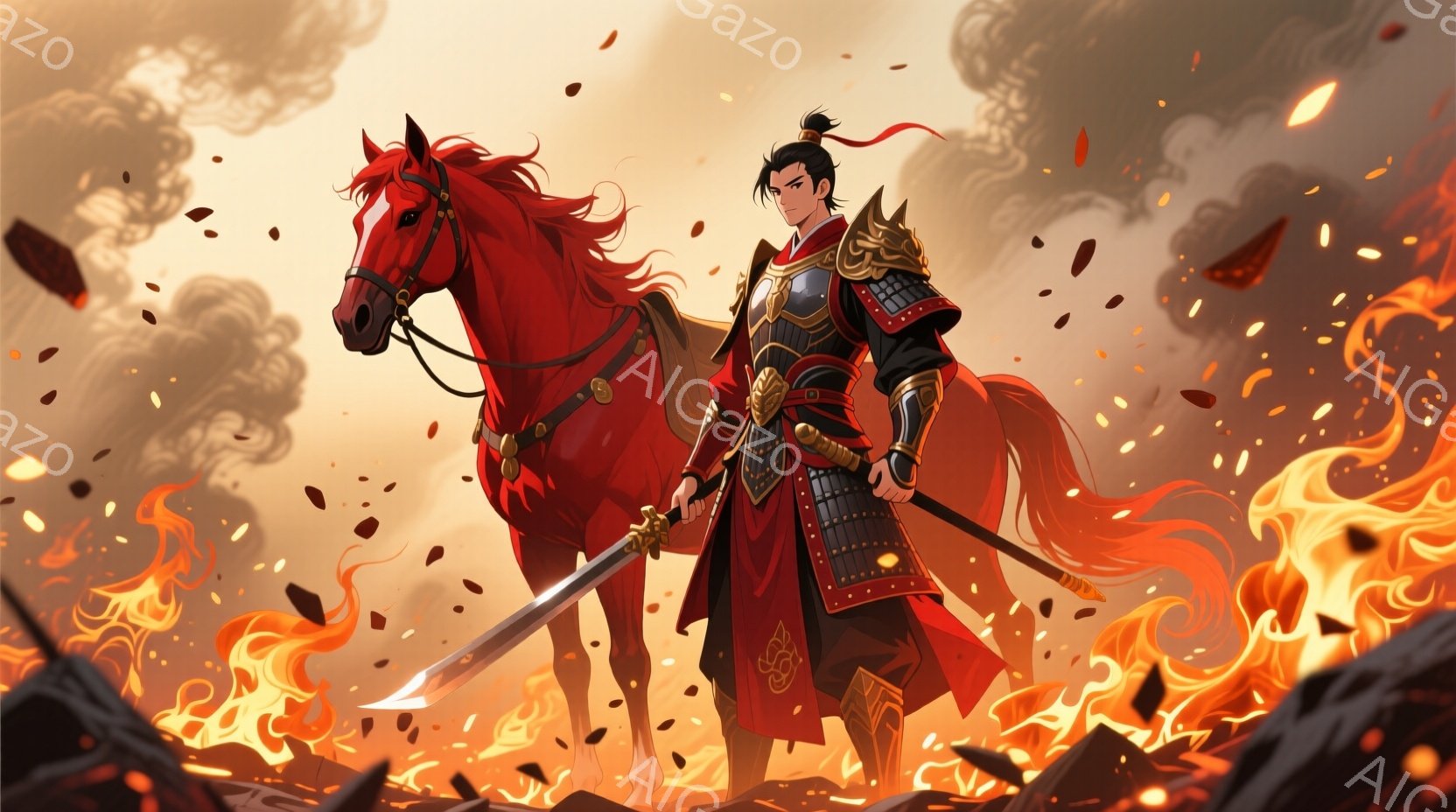 人物は赤髪の女性。彼女は戦士のような装備を身につけ、武器を持って立ち上がっている。盾が描かれており、これは防御用の道具である。 背景は焔の中にあり、火や炎が飛び交う。自然風光は暗く、煙が立ち上がっている。 全体として、雰囲気は戦術的で勇敢なものであり、その中で強さや意志力が感じられる。