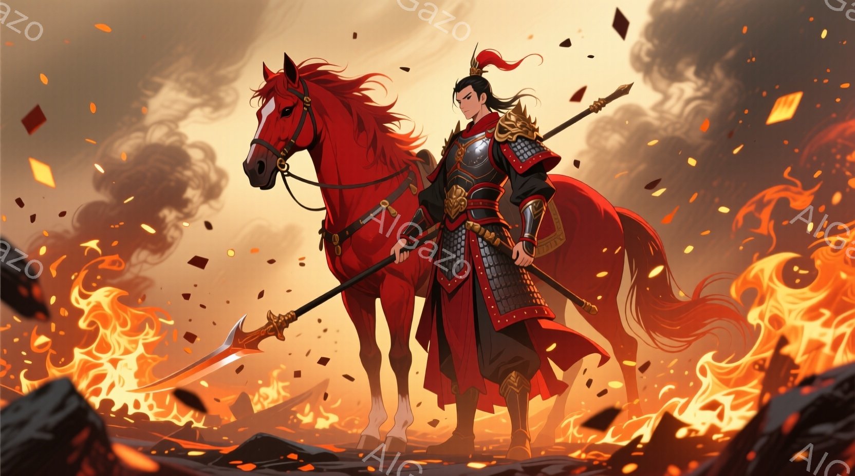 燃え盛る炎の中で、甲冑を身につけた武者が赤い馬に騎乗している。黒髪を後ろで結い、眉間に皺を寄せた表情は決意に満ち溢れている。背景には黒い岩や炎が渦巻いており、全体的に激しい戦場を思わせる、力強くドラマチックな雰囲気を醸し出している。