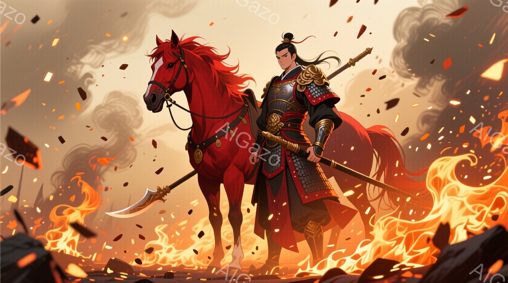 赤い馬に乗った武者が描かれている。彼は黒髪を後ろで結い、赤い縁取りの鎧を身につけ、手に大きな刀を持っている。背景は炎に包まれ、戦場のような荒廃した風景が広がっており、激しい戦いと英雄的な雰囲気が漂う。