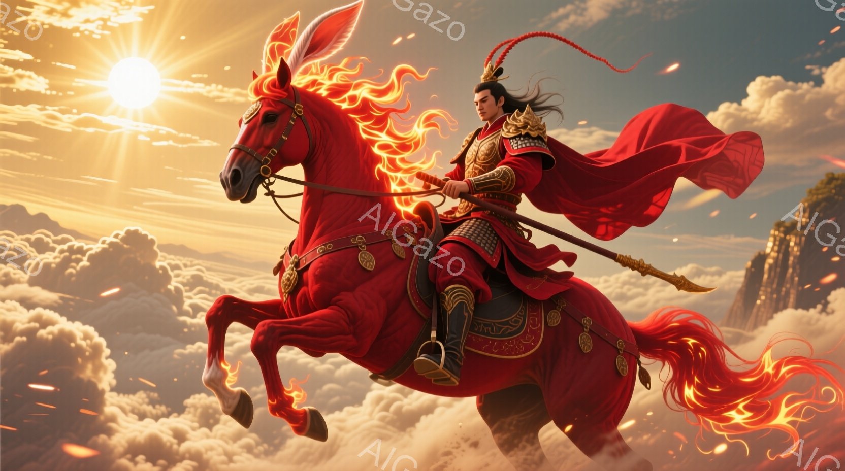 燃えるような赤色の鎧を身に着けた戦士が、炎を纏う馬にまたがって空を駆けている。戦士は黒髪を長く伸ばし、凛々しい表情で前方を見据え、赤いマントが風になびいている。背景には雲海が広がり、夕焼けのような暖色 - AI生成フリー素材