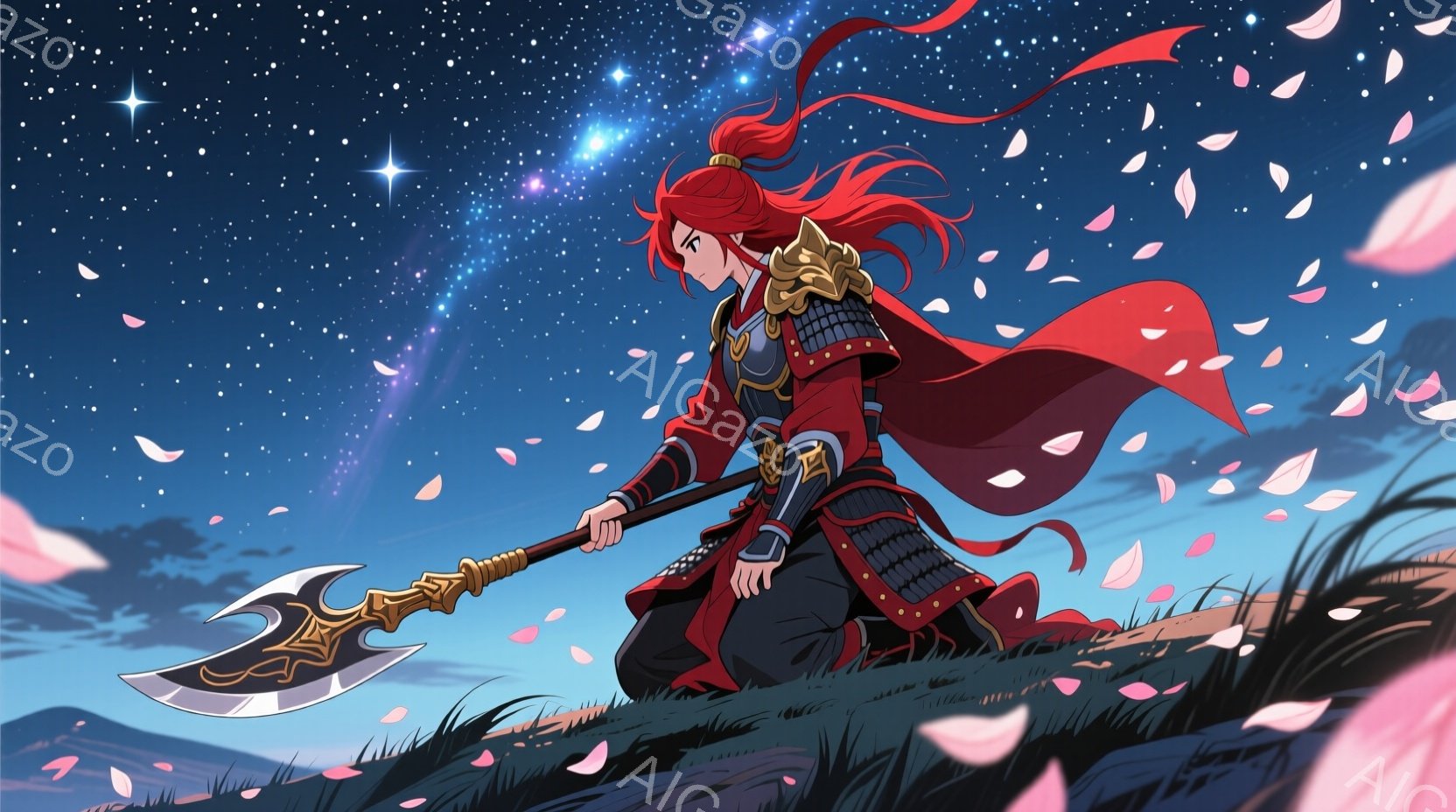 深紅の髪をなびかせた戦士が、黒と赤の衣装を身につけ、金色の斧を構えている。彼は丘の上に立っており、背景には薄紫色の山々と、星空が広がる夜空が描かれている。舞い散る桜の花びらが、幻想的で力強い雰囲気を醸し出している。