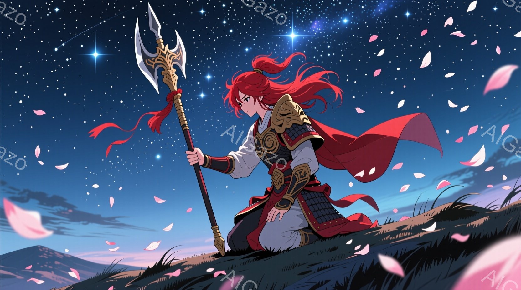 赤い髪を靡かせた女性が、黒と金色の鎧を身に着け、赤い布を背に背負っています。彼女は片膝をつき、鋭い穂先を持つ槍をしっかりと握り、どこか遠くを見つめています。背景には緑の丘と、ピンクの花びらが舞う夜空が広がり、星が瞬いています。