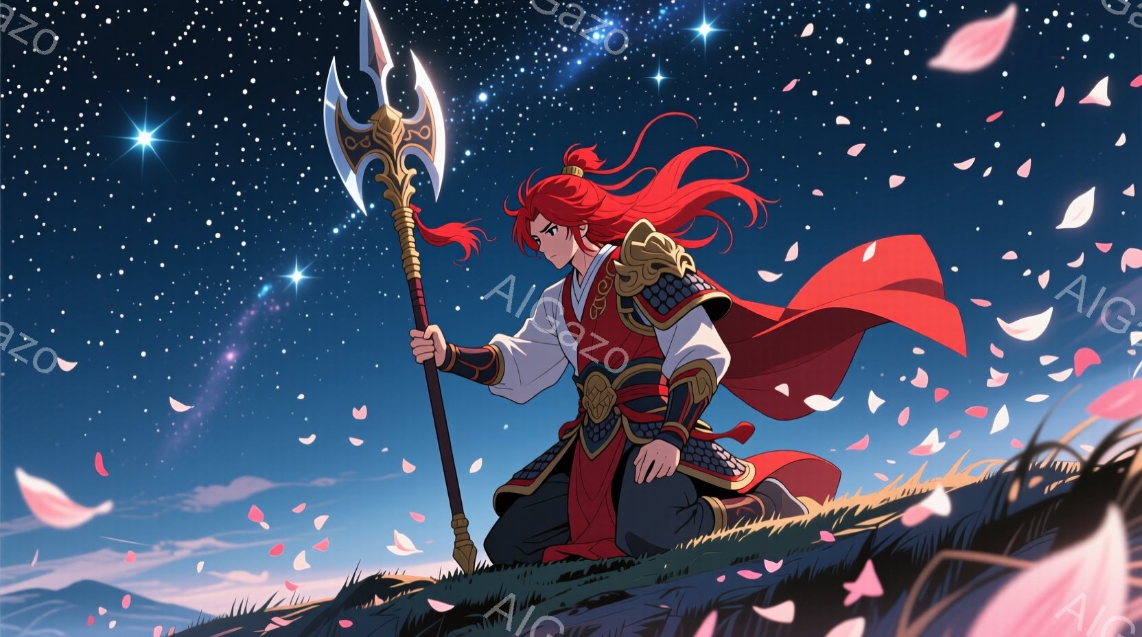 深紅の髪をなびかせた男性が、黒と金の装飾が施された衣装を身につけ、草の上に膝をついて立っている。彼は複雑なデザインの槍をしっかりと握り、表情は決意に満ちている。背景には、ピンクの花びらが舞い散る緑の丘 - AI生成フリー素材