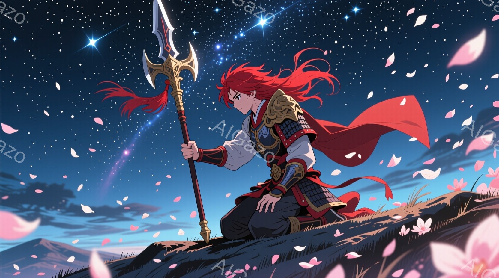 深紅の髪をなびかせた青年が、草原の上にひざまずき、複雑な装飾が施された槍を構えている。鮮やかな色彩の鎧を身に着け、背景には夕焼け空と星々が広がり、舞い散る桜の花びらが幻想的な雰囲気を醸し出している。彼 - AI生成フリー素材