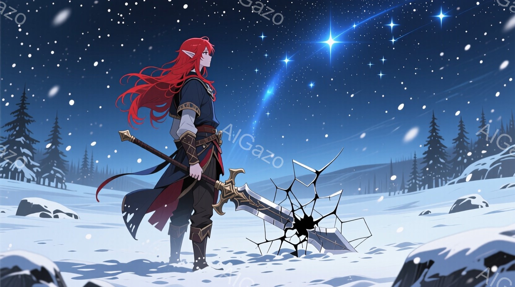 深紅の髪をなびかせた男性が、雪原に立っている。黒と赤を基調とした衣装を身につけ、複雑な装飾が施された巨大な剣を携えている。背景には針葉樹林と、星空が広がり、雪が舞う幻想的な雰囲気である。