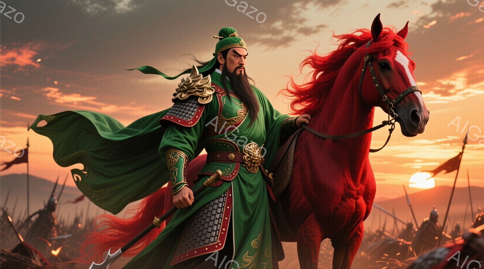 緑色の鎧とローブを身につけた武将が、赤い毛並みの馬に跨っている。その表情は毅然としており、遠くを見据えているようだ。背景には、夕焼けに照らされた軍隊と山々が広がり、激しい戦の始まりを予感させる。 - AI生成フリー素材