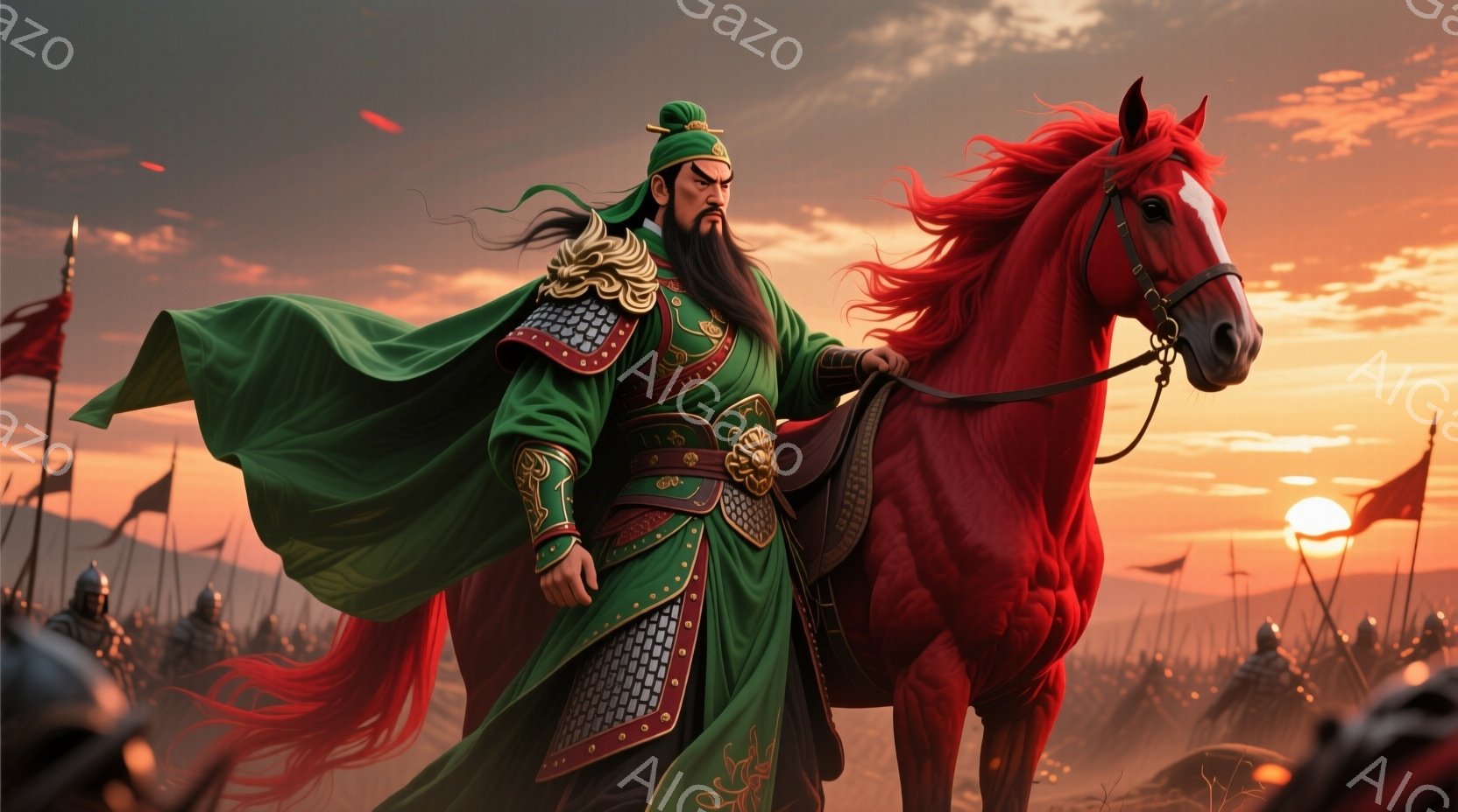 緑色の衣装をまとった男性が、赤毛の馬に騎乗し、戦場を疾走している。彼の服装は、金色の装飾が施された鎧と、風になびく長いローブで構成され、威厳と風格を感じさせる。背景には、夕焼けに照らされた兵士たちが密 - AI生成フリー素材