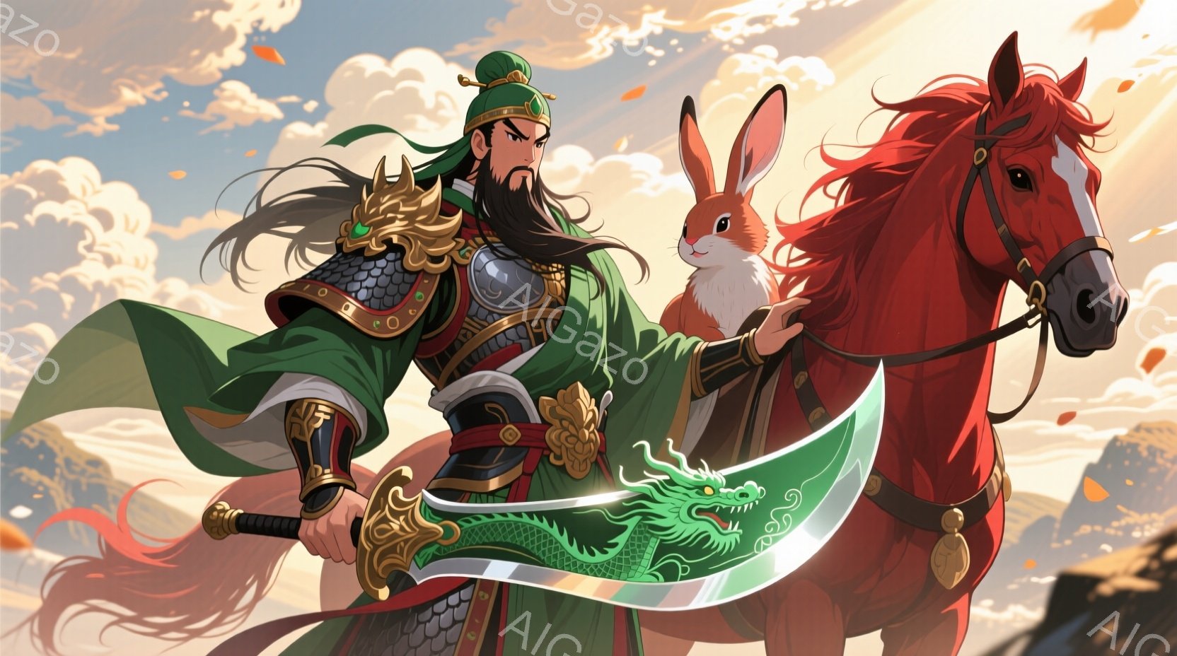 鮮やかな緑色の鎧を身に着けた男性が、赤毛の馬に跨り、巨大な曲線剣を構えています。彼は長く黒髪をなびかせ、鋭い眼光で前を見据え、力強い意志を感じさせます。背景には山々が広がり、空には雲が浮かび、夕日のような暖かな光が差し込み、全体的に英雄的な雰囲気を醸し出しています。