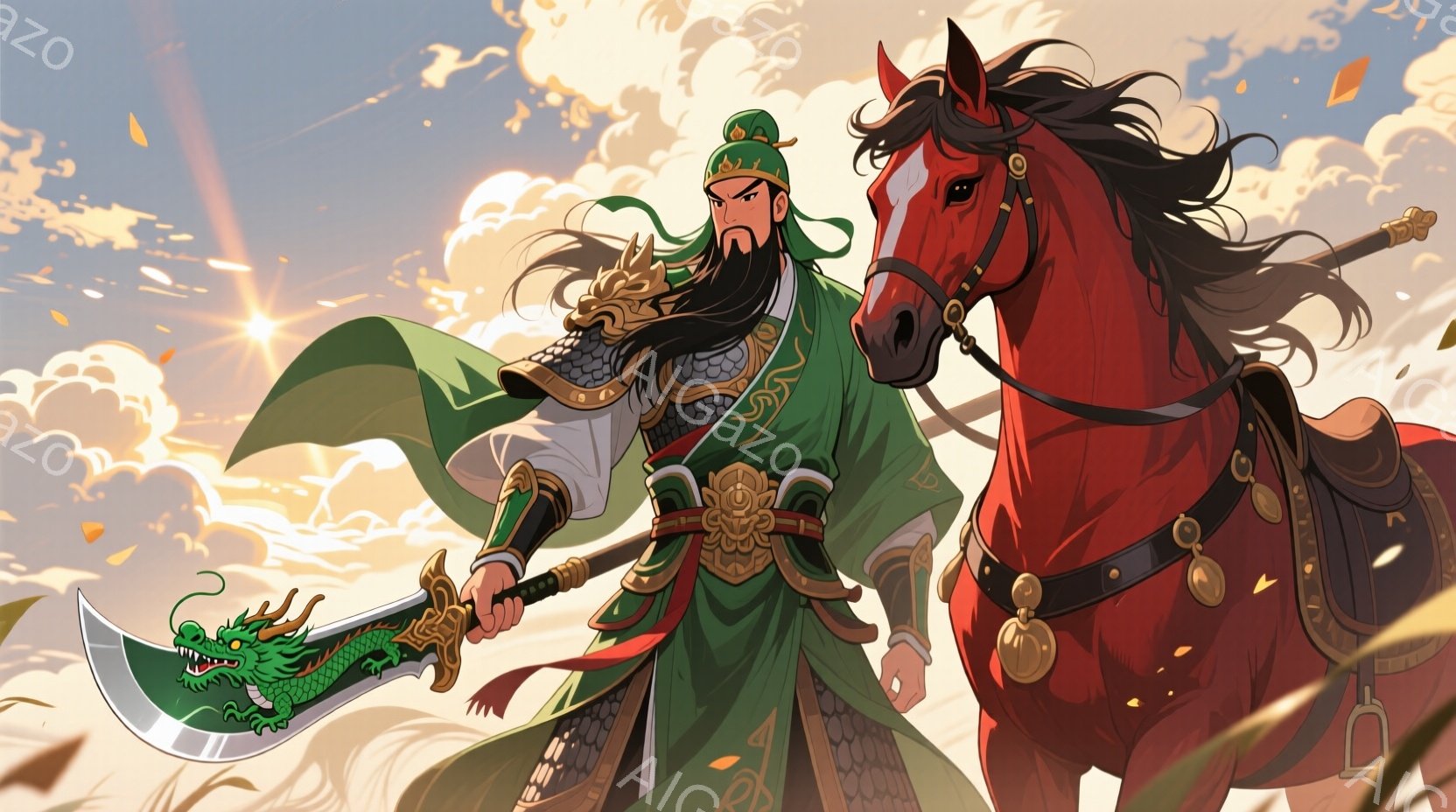 緑色の衣装を身につけた武人が、緑色の龍が彫られた湾刀を構え、力強く駆ける赤馬と共に描かれている。武人は黒髪を長く伸ばし、厳格な表情で前を見据え、金色の装飾が施された鎧を着用している。背景は夕焼けのよう - AI生成フリー素材