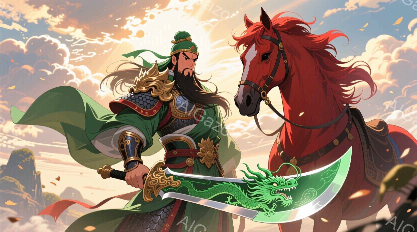 鮮やかな緑色の衣装を身につけた武人が、大きな刀を構えて立っている。彼は黒い長い髪とひげを持ち、力強い表情をしている。背景には険しい山々と、夕焼けのような光が差し込む空が広がり、力強く、ダイナミックな雰囲気を醸し出している。