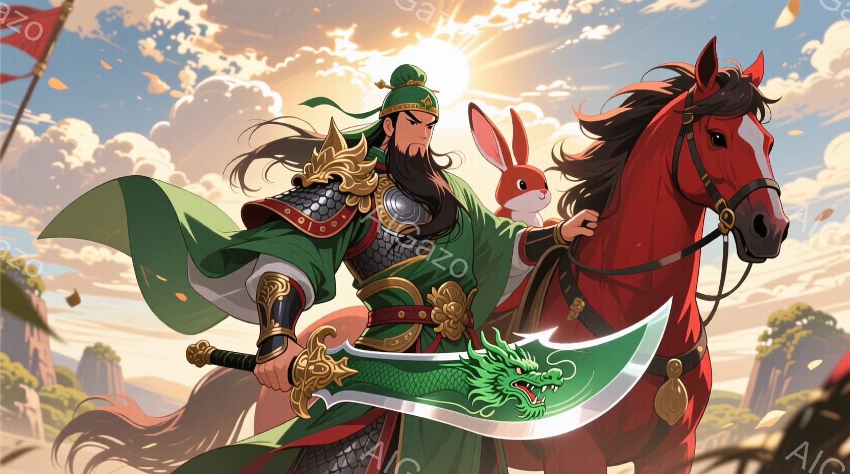 緑色の鎧を身に着けた男性が、緑色の龍が装飾された巨大な刀を構え、赤い馬に乗って疾走している。彼の髪は長く黒く、顔つきは毅然としており、強い意志を感じさせる。背景には険しい山々と薄曇りの空が広がり、朝日が差し込み、力強く壮大な雰囲気を醸し出している。