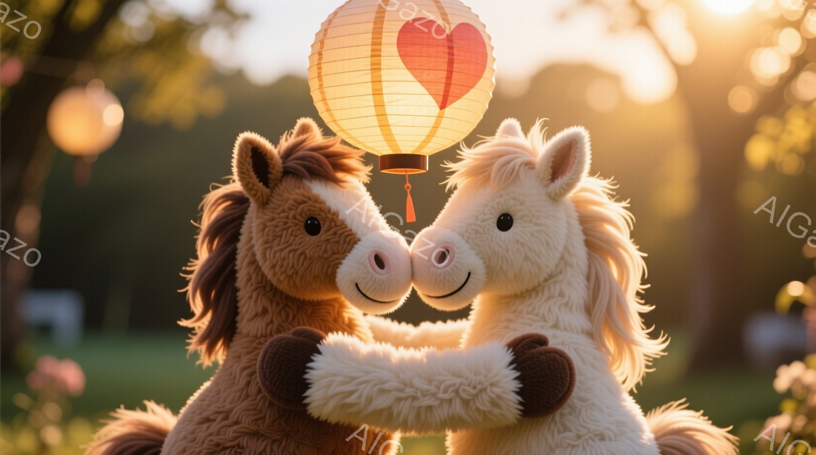 ふわふわの茶色と白のぬいぐるみ馬が寄り添い、互いに鼻を触れ合っています。彼らの間には赤いハートが描かれた提灯が吊り下げられており、背景には緑豊かな自然と柔らかい夕日の光が広がっています。全体的に温かく - AI生成フリー素材