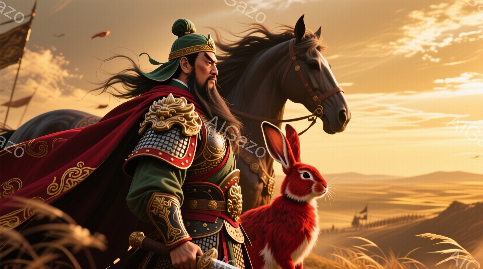 鮮やかな夕焼けを背景に、緑色の鎧を身につけた武将が黒い馬と共に草原に立っている。武将は長く黒髪を後ろで束ね、厳格な表情で何かを睨みつけているようだ。鮮やかな赤色のウサギが武将の横に寄り添い、夕焼けと草原が広がり、武将とウサギのコントラストが印象的な一枚である。