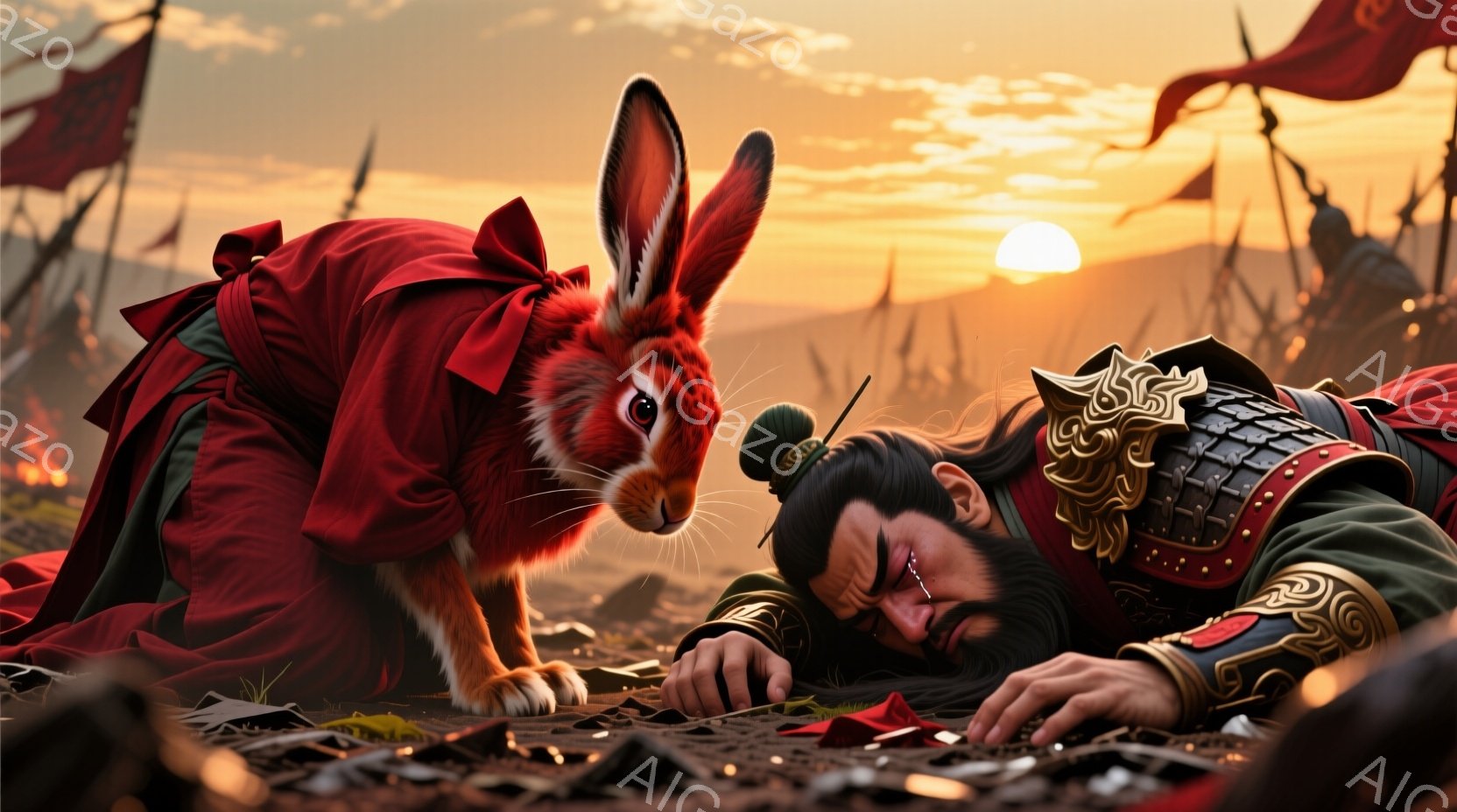 傷ついた兵士が地面に横たわり、赤い装飾が施された鎧を身に着けている。その横に、赤い着物を着た大きなウサギが心配そうに彼を見下ろしている。背景には夕焼けと、遠くに見える兵士たちの旗が立ち並び、戦場の悲しげで静かな雰囲気を醸し出している。