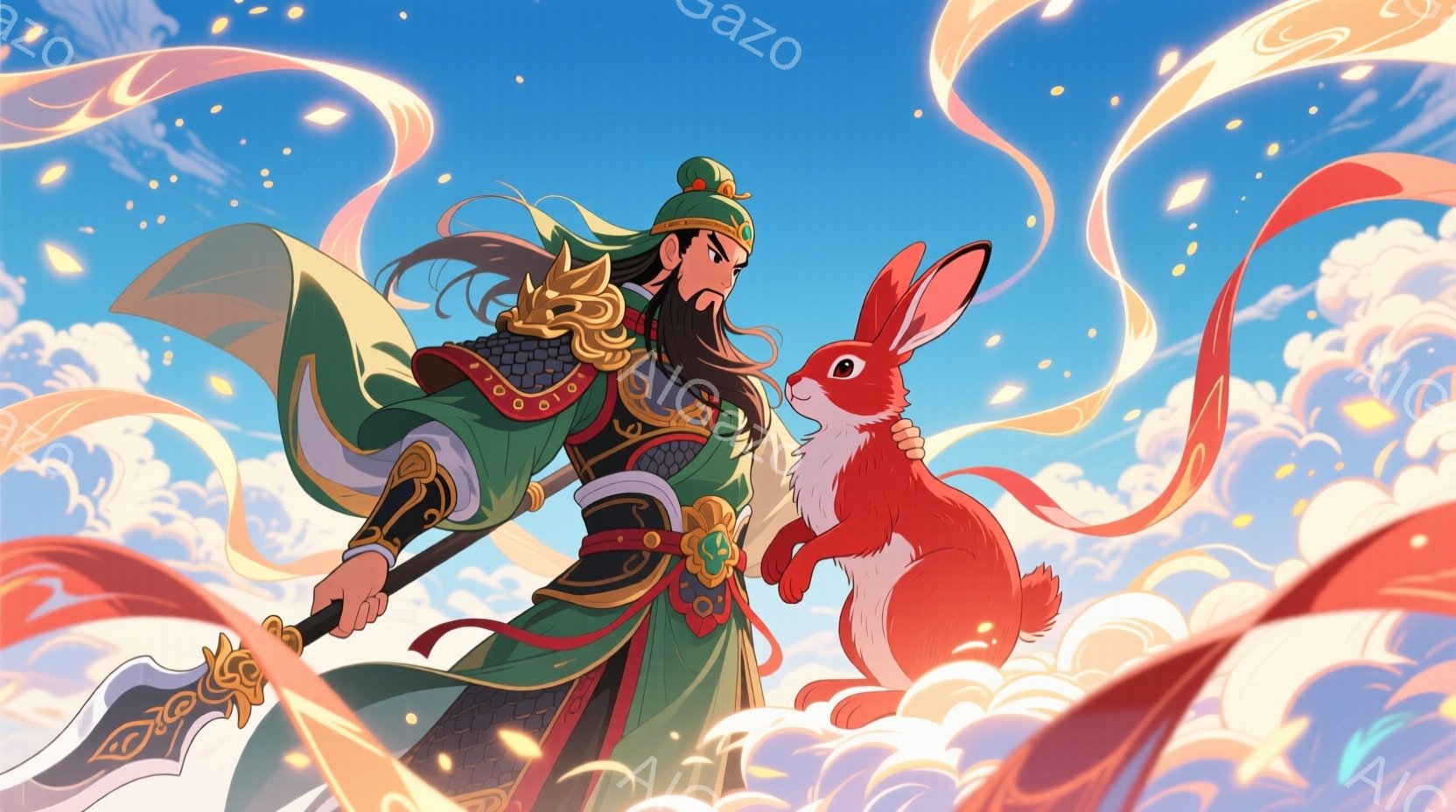 鮮やかな緑と金色の鎧を身につけた男性が、大きな武器を構えながら雲の上を歩いている。彼は長く黒い髪を後ろで束ね、威厳のある表情を浮かべ、赤いウサギが彼の側で跳ねている。背景は穏やかな雲と太陽光で満たされ、神話的で幻想的な雰囲気を醸し出している。