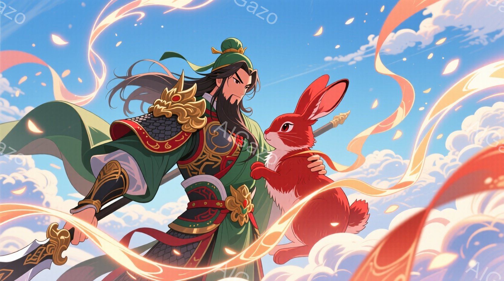 長い黒髪をなびかせ、緑と金色の華やかな衣装を身につけた男性が描かれています。彼は片手に槍を持ち、もう片手で赤いウサギを抱きかかえ、自信に満ちた表情をしています。背景には雲が広がり、赤い光の渦が周囲を飾り、躍動感と神々しい雰囲気を醸し出しています。
