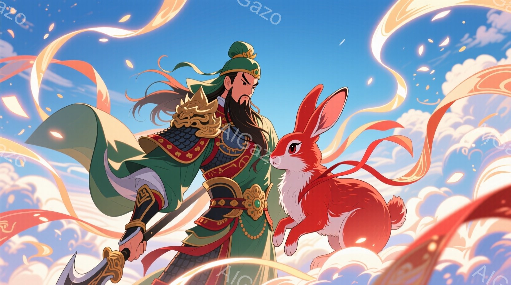 緑と赤の華やかな衣装をまとった武者が、黒い髪を後ろで結い、威厳のある表情で立っている。彼の傍らには、鮮やかな赤い毛並みのウサギが飛び跳ね、躍動感に満ちた姿を見せている。背景は雲と燃えるような赤いリボンで覆われ、空は明るい青色で、全体的に力強く幻想的な雰囲気を醸し出している。