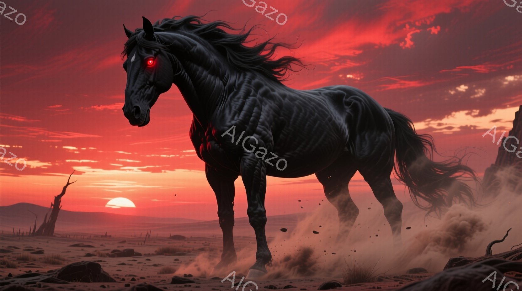 黒い馬が荒野を疾走している。その体は筋肉質で、まるで夜の影のようであり、燃えるような赤い夕焼け空の下、砂塵を巻き上げながら力強く前進している。馬の目は赤く輝き、周囲の荒涼とした風景と不気味な雰囲気を作 - AI生成フリー素材