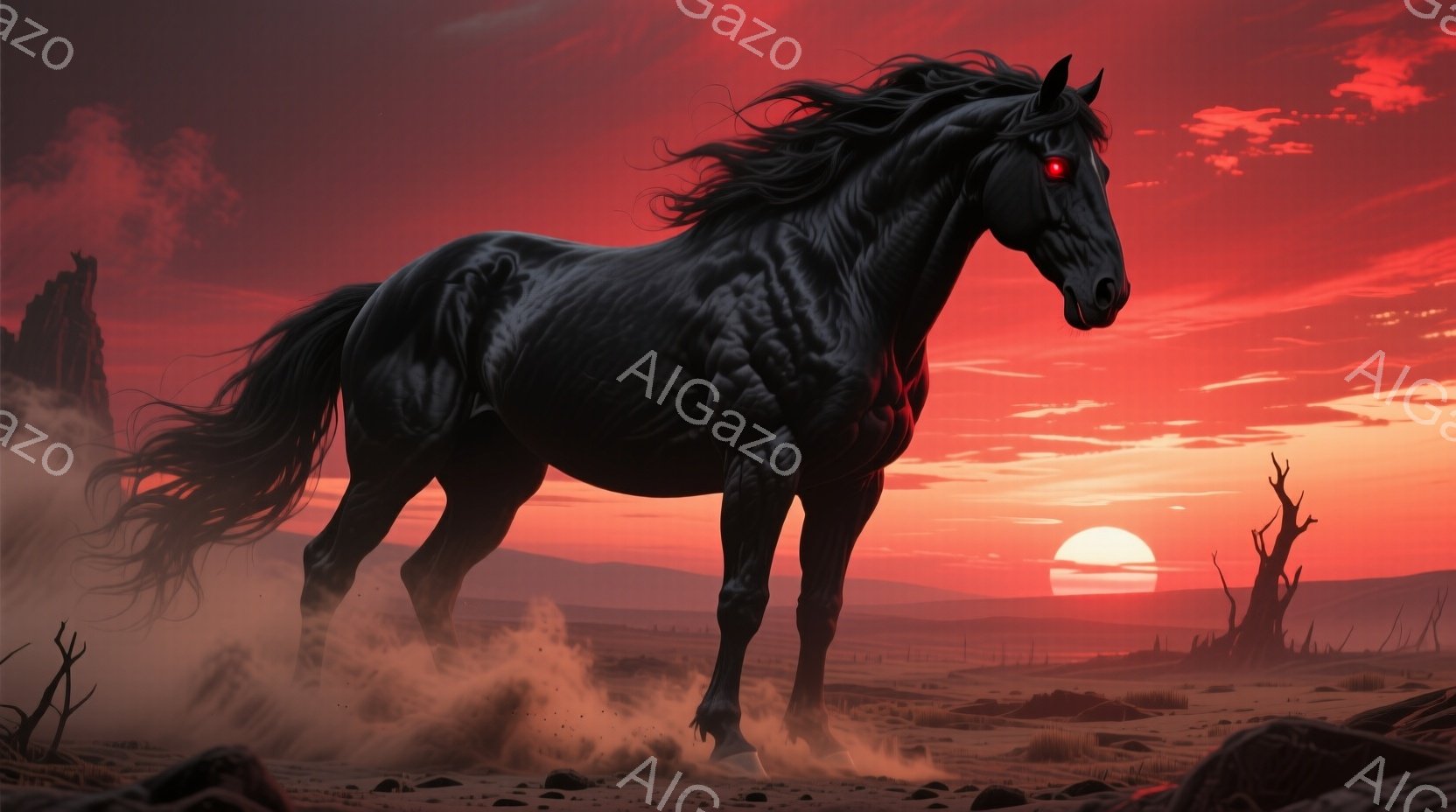 燃えるような夕焼けを背景に、黒い馬が荒野を疾走している。馬は筋肉質で力強く、たてがみが風になびき、眼は赤く輝いている。背景には不気味な岩山や枯れ木があり、埃が舞い上がる様子から、馬の速度と荒涼とした風景が強調されている。