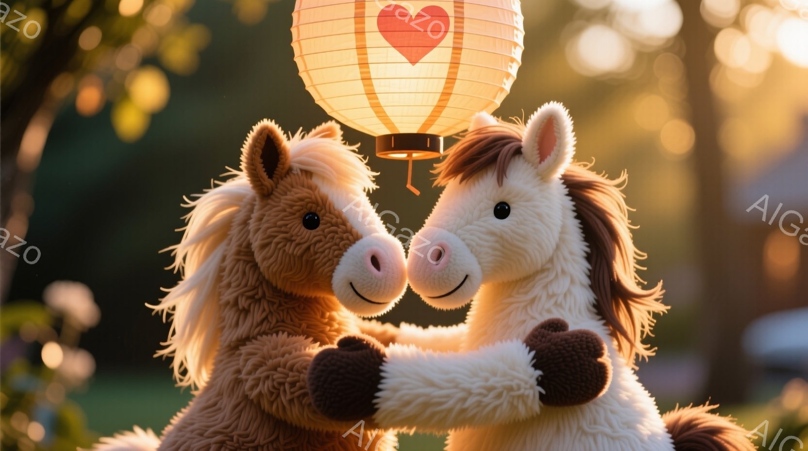 ふわふわの茶色のぬいぐるみ馬が2頭、お互いに寄り添い、顔を寄せ合っています。頭上には、赤いハート型の装飾がされたオレンジ色の提灯が吊り下げられており、周囲は緑豊かな自然に囲まれています。温かく、愛情あ - AI生成フリー素材