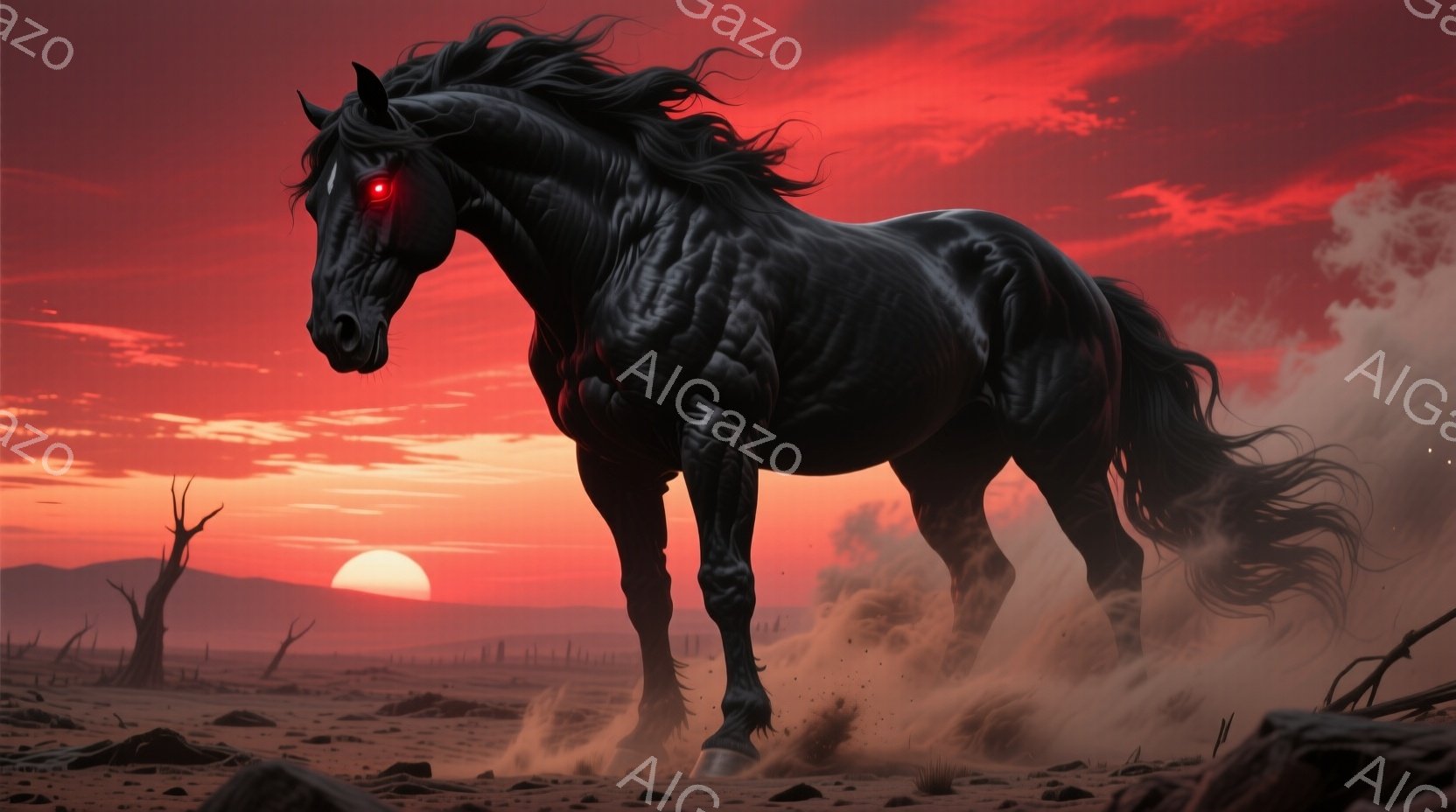 燃えるような夕焼けを背景に、漆黒の馬が荒野を疾走している。その筋肉質な体躯は力強く、たてがみが風になびき、赤い眼光が鋭い。乾燥した大地には岩石が点在し、遠くには枯れ木が見え、終末的な雰囲気を醸し出している。
