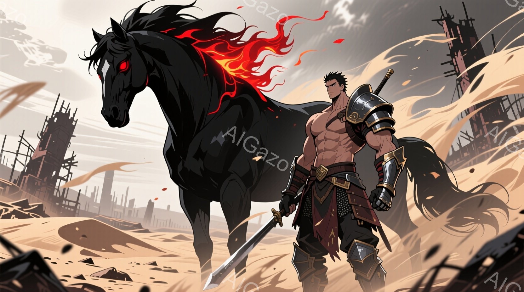 強靭な肉体を誇る男性が、黒い馬に跨り、荒廃した戦場の中心に立っている。彼は肩と膝に鎧を身につけ、腰にはベルトを締め、手に長く鋭い剣を持っている。背景には崩れかけた建物が立ち並び、砂塵が舞い上がり、厳しい戦いの爪痕が残る終末的な雰囲気を醸し出している。