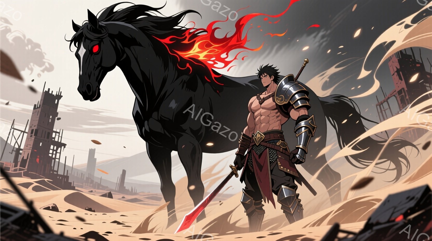 荒廃した戦場の風景の中に、逞しい肉体を持つ男性が黒い馬に跨っている。男性は鎧の一部を身に着け、赤い剣を携え、険しい表情で前を見据えている。背景には崩壊した建物が点在し、砂塵が舞う中、馬のたてがみが炎のように燃え上がり、終末的な雰囲気を醸し出している。
